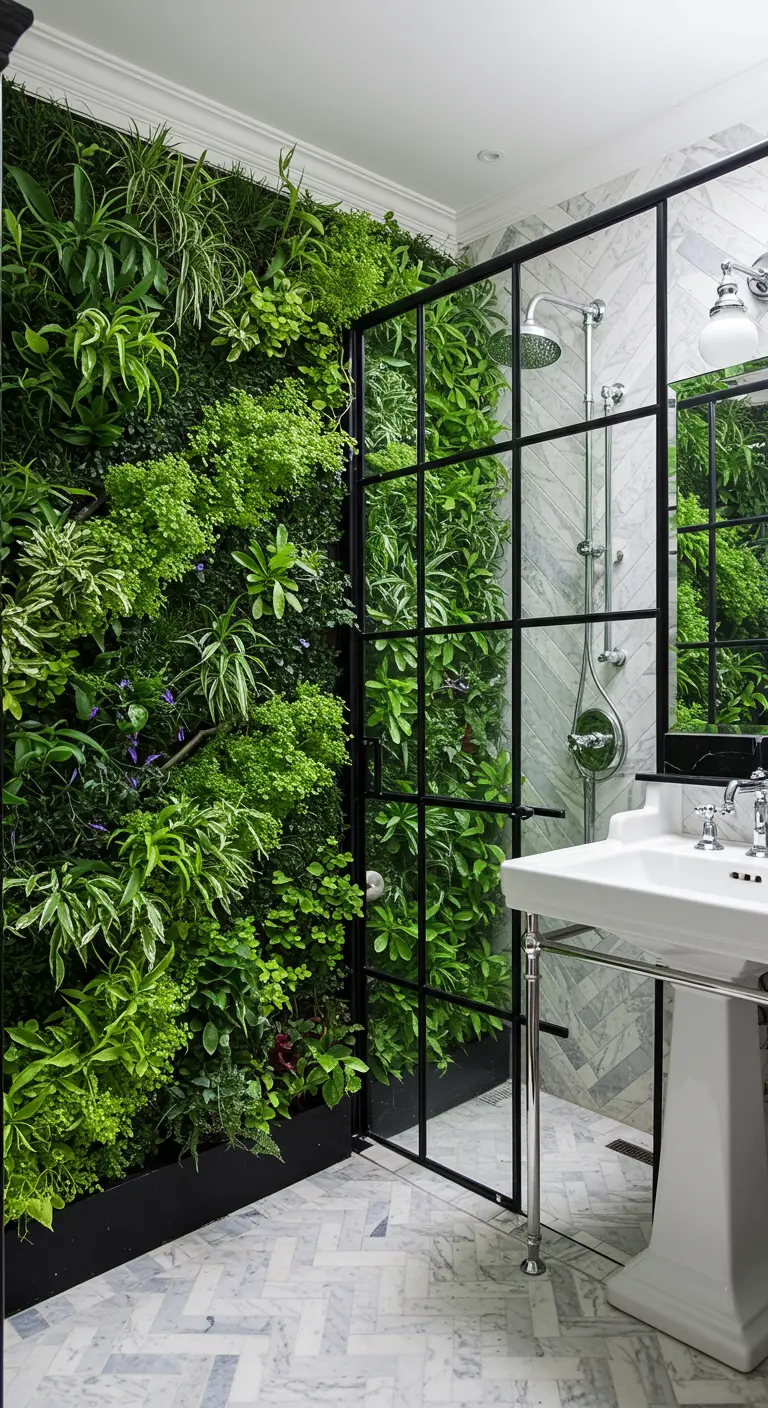 Bathroom with a lush living wall, black-framed shower, and herringbone marble floor.