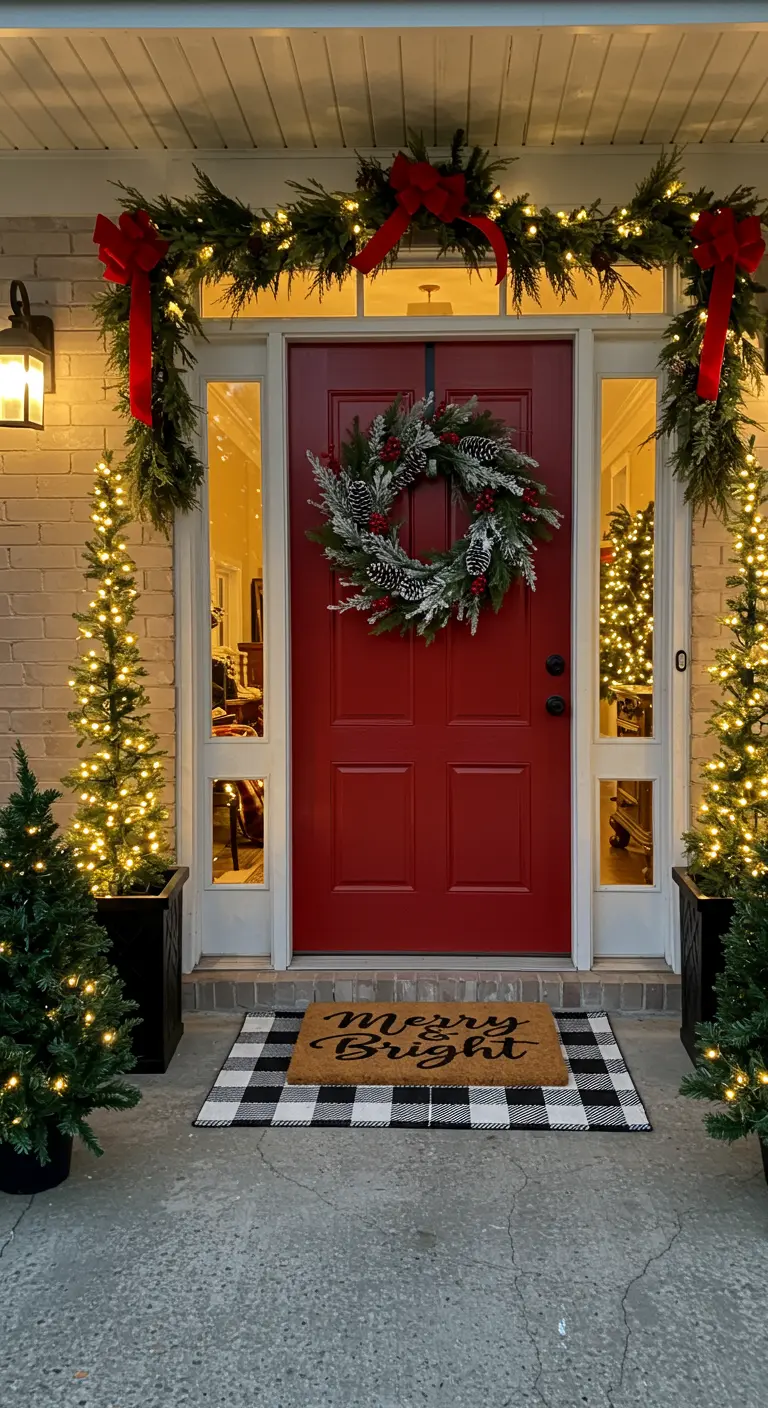 Red front door with Christmas garland, wreath, and layered buffalo check doormat.
