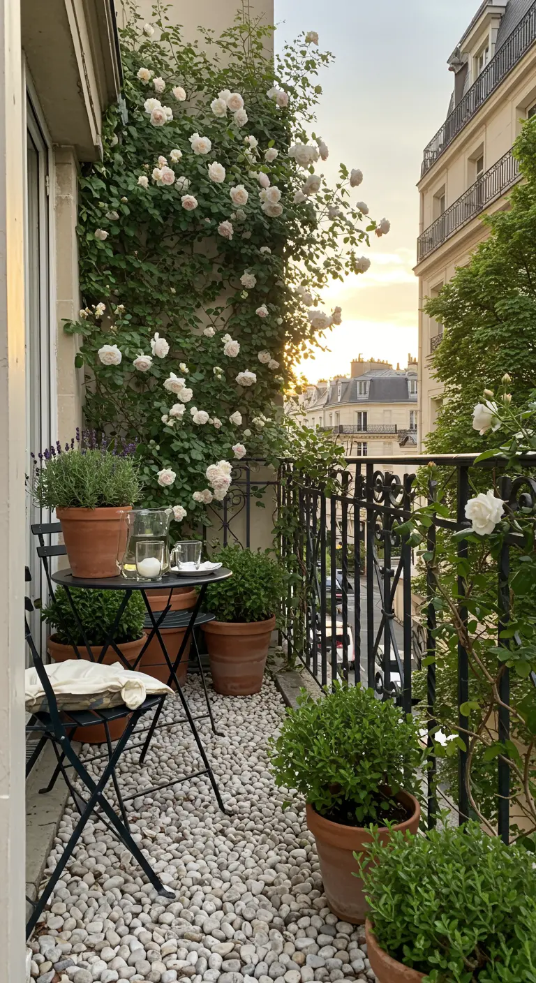 Black iron bistro set on a pebble balcony with white climbing roses and lavender.