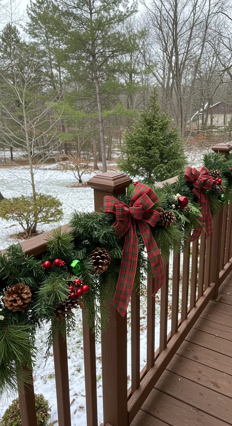 Wooden deck railing with a garland featuring classic red-and-green plaid bows and pinecones.