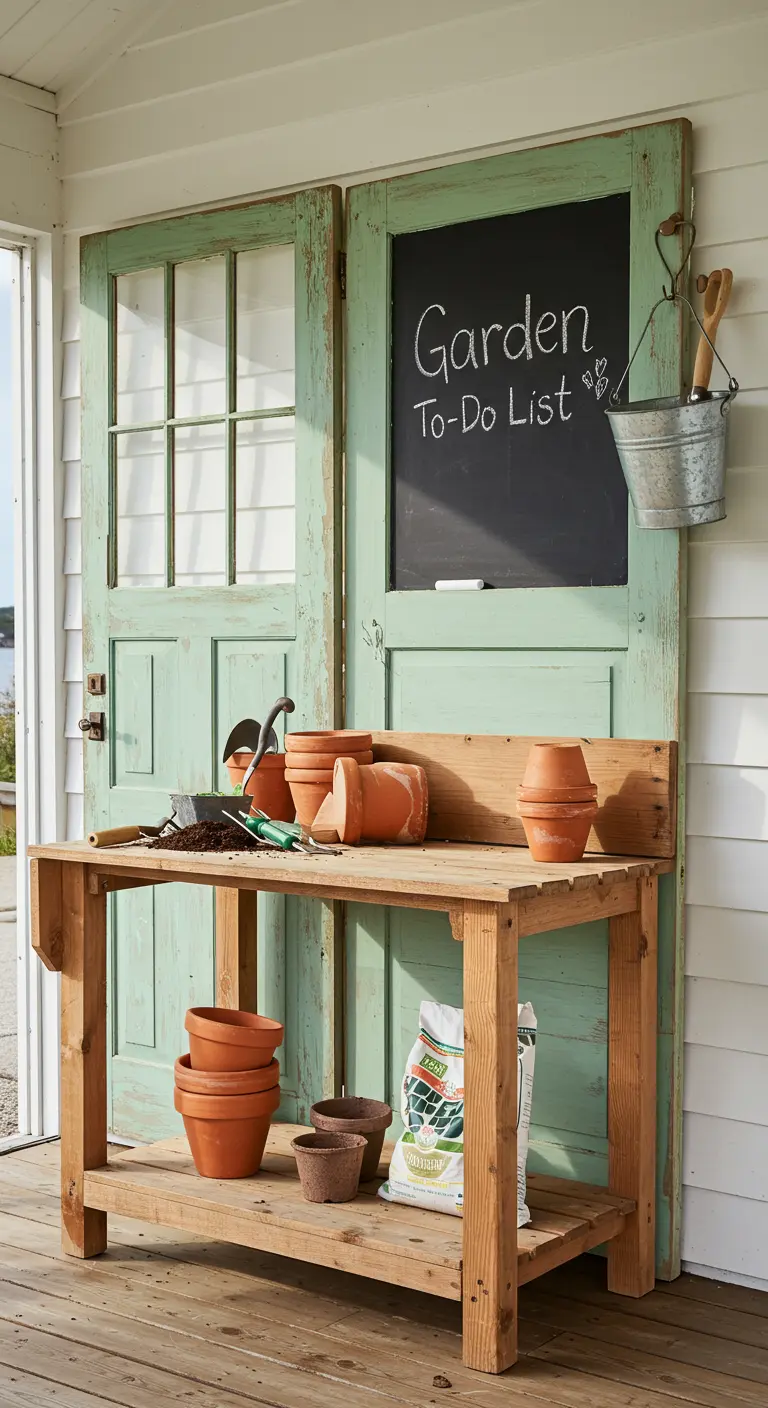 A mint green vintage door with a chalkboard panel serves as a backdrop for a wooden potting bench.