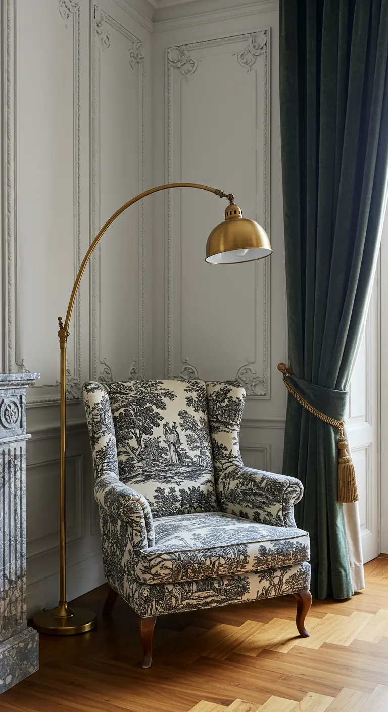Reading nook with a black-and-white toile armchair, a brass arc lamp, and green curtains.