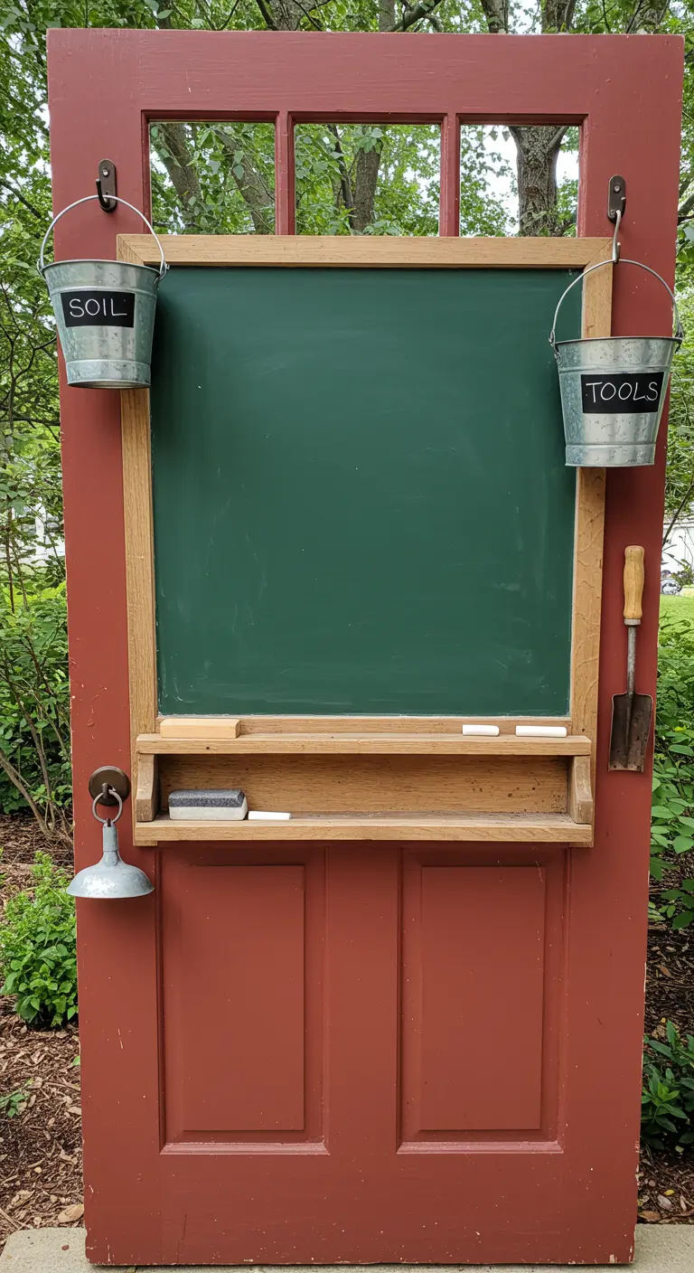 A classic red door repurposed as a garden organizer with a green chalkboard and labeled buckets.