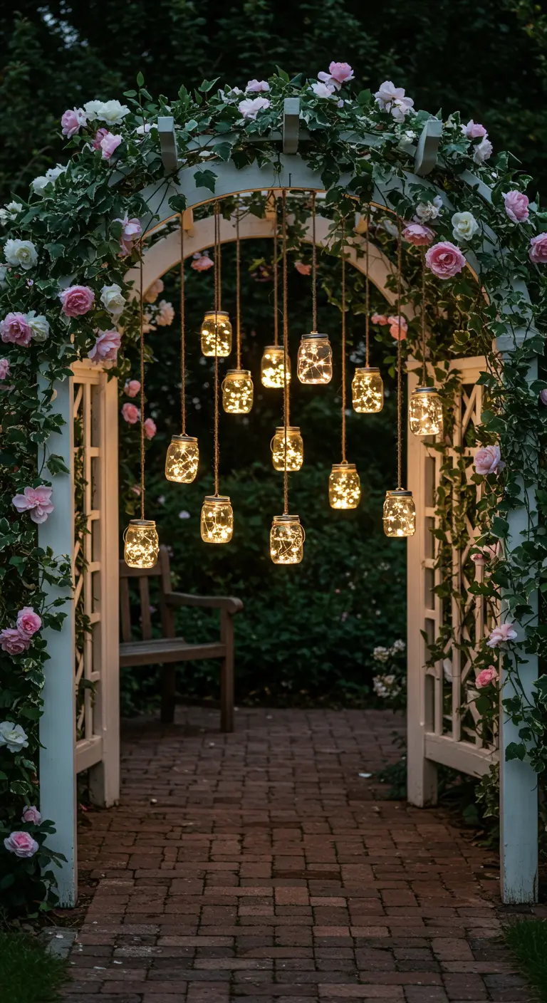 White rose arbor at dusk with hanging solar jars filled with fairy lights.