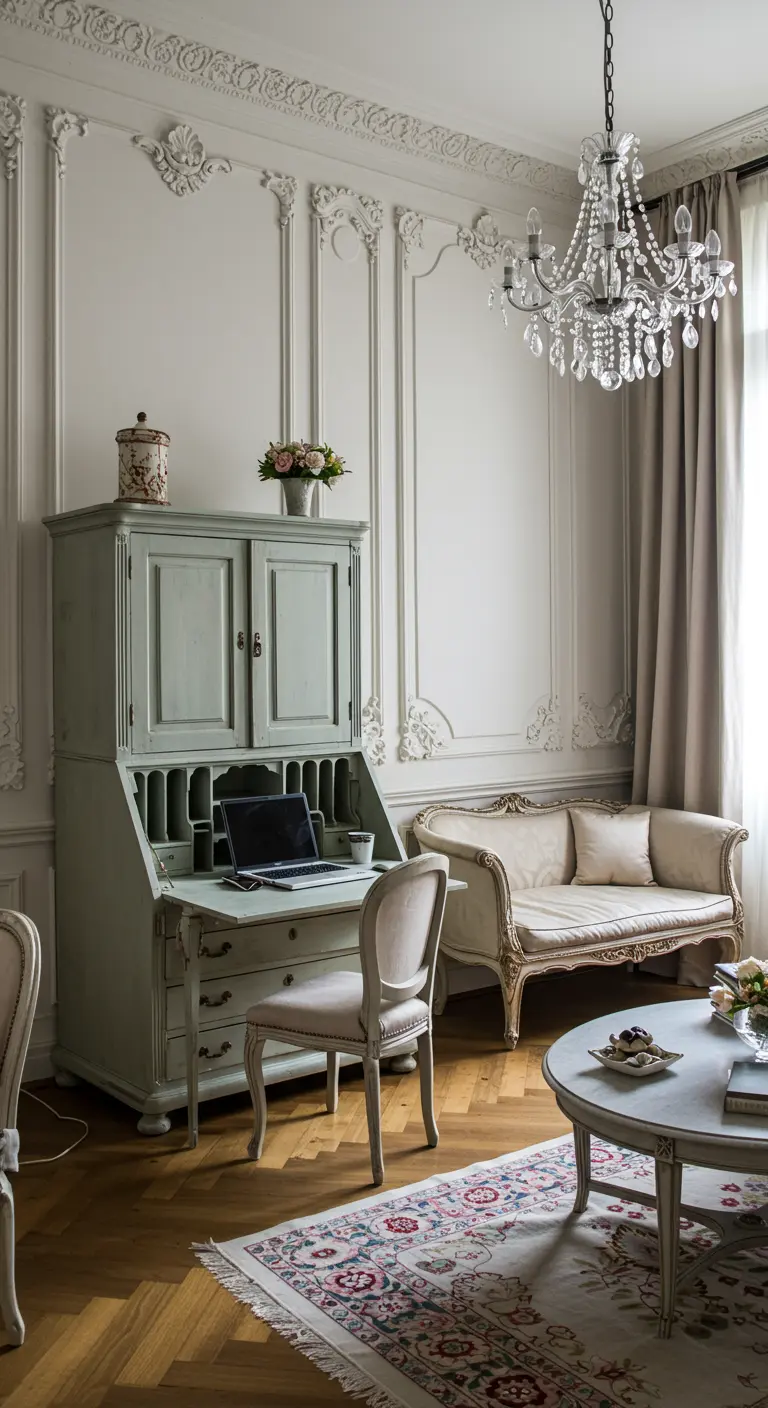 An antique sage green secretary desk with its flap open, used as a workspace in a Parisian-style room.