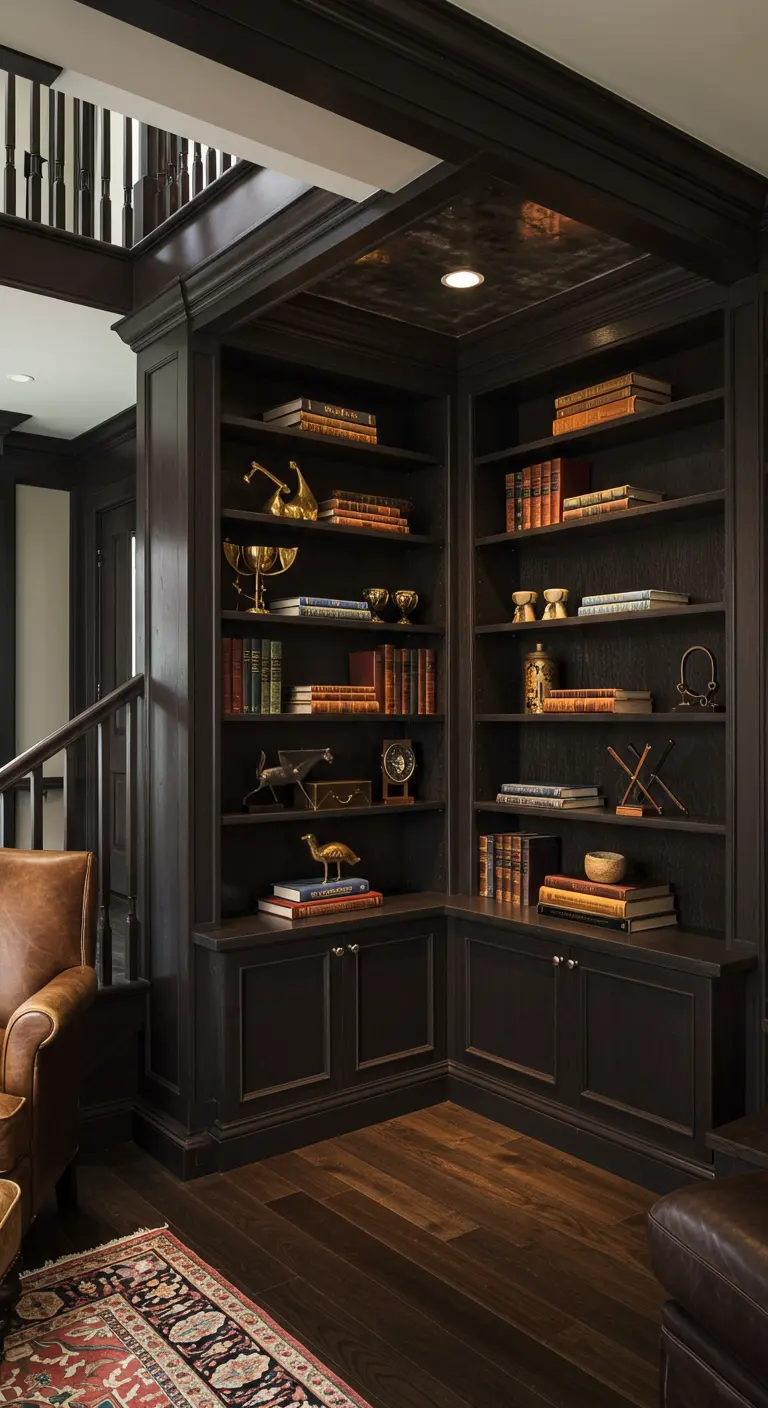 A traditional library nook under stairs with dark wood built-ins and antique brass objects.