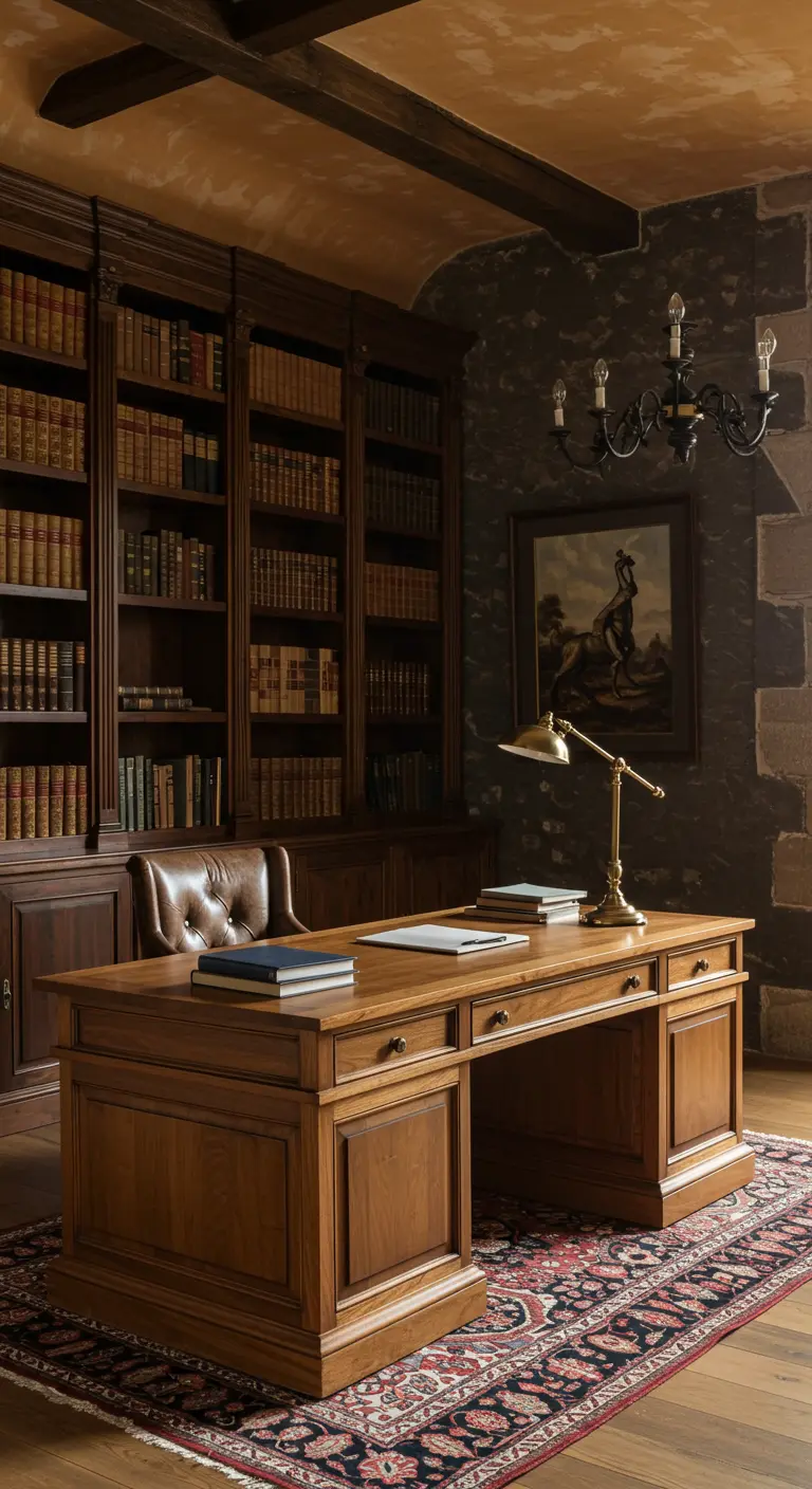 A classic home office with dark wood bookshelves and a leather chair.