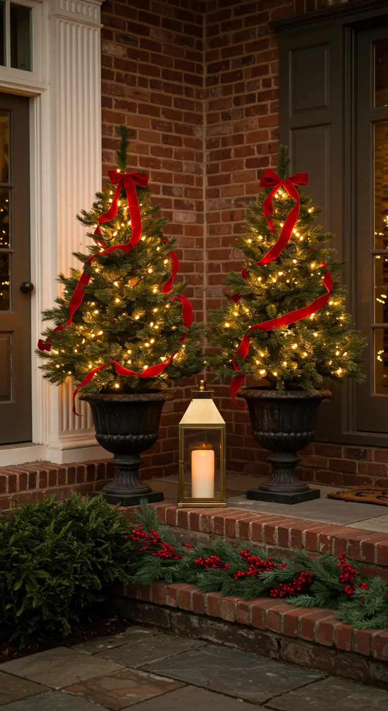 Two lit mini trees in black urns with red velvet ribbons flanking a lantern.