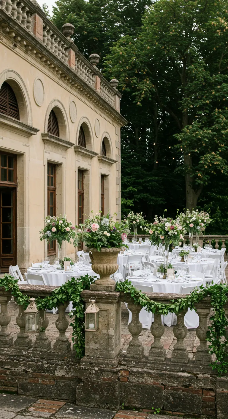An elegant party setup on a historic villa's terrace with white tables and green garlands.