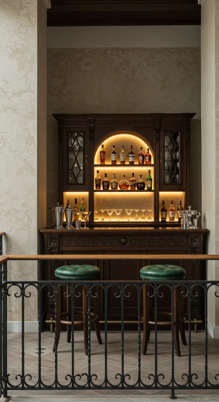 Traditional dark wood hutch repurposed as a balcony bar with green leather stools.