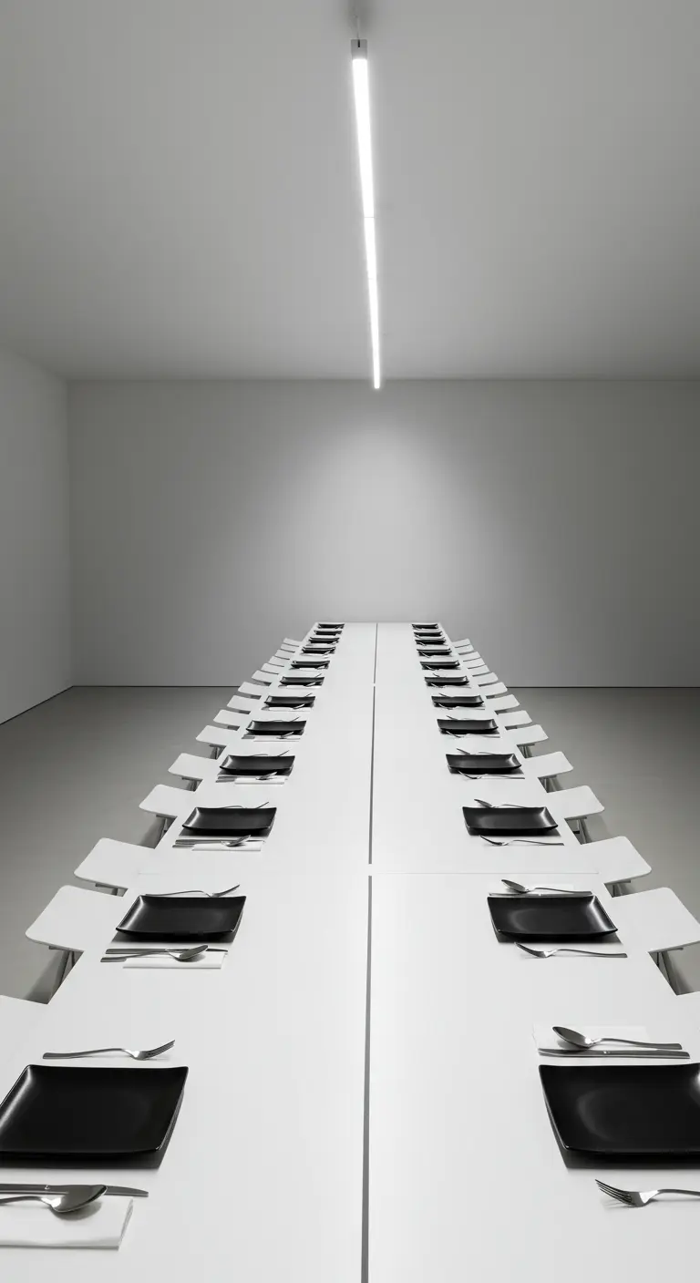 An extremely long, minimalist white table with repeating black square plates.