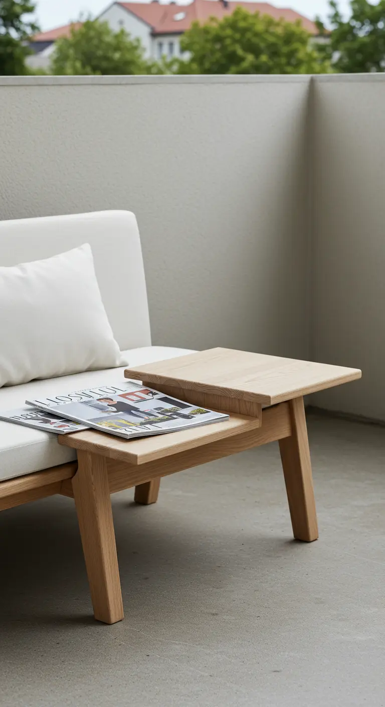 A light wood bench with a small, matching wood table that slides over the cushion.