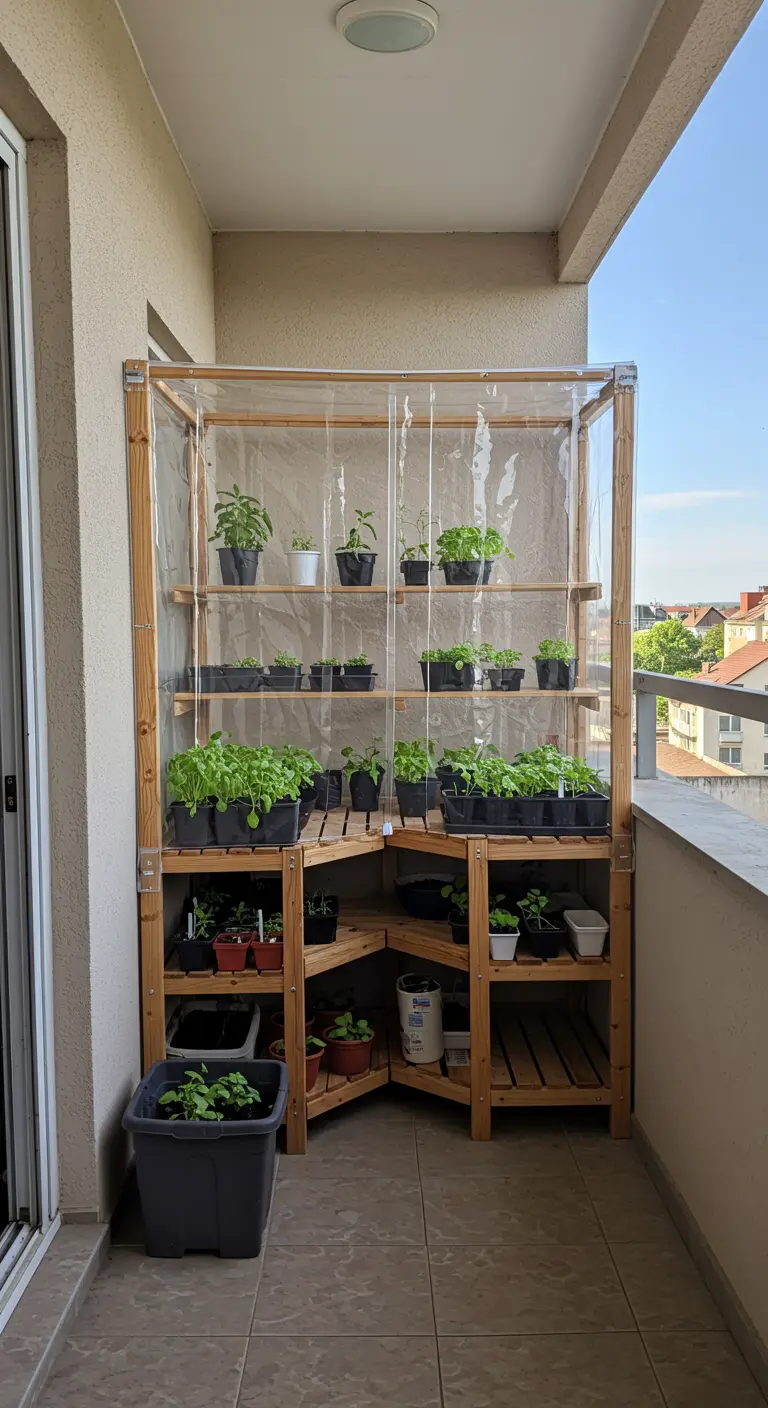 A wooden corner-unit greenhouse tucked into the corner of a balcony, filled with seedlings.
