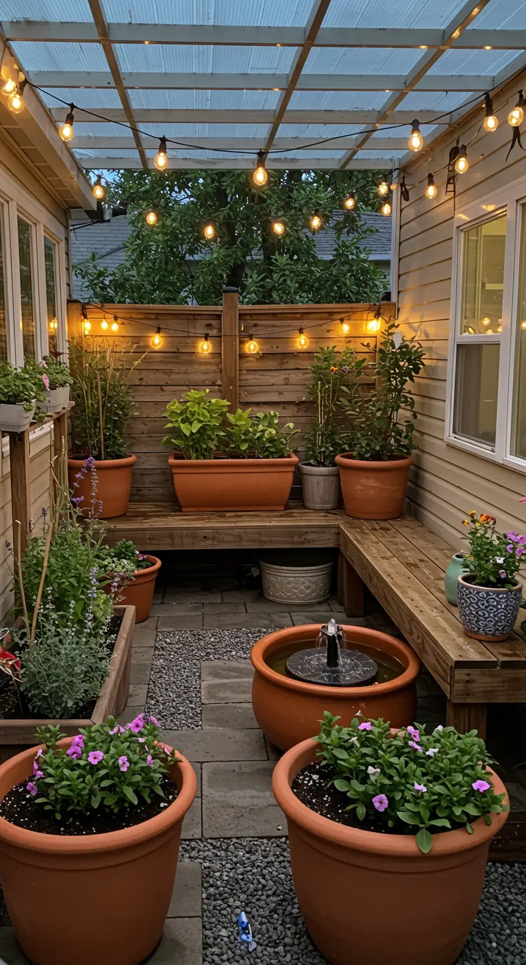 A small, enclosed patio with built-in wooden benches, a solar fountain, and terracotta pots.