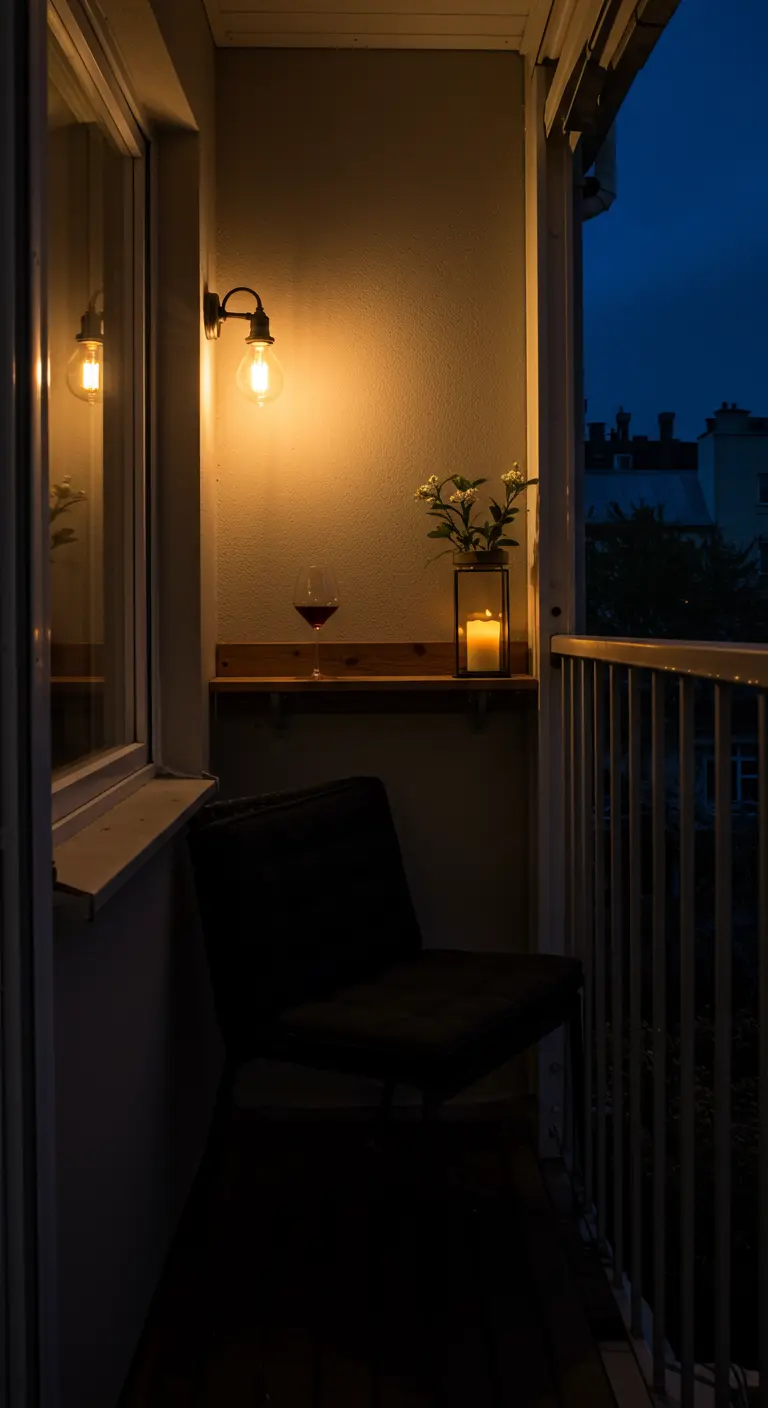 A tiny balcony corner with a single chair and a small shelf holding a glass of wine and a candle.