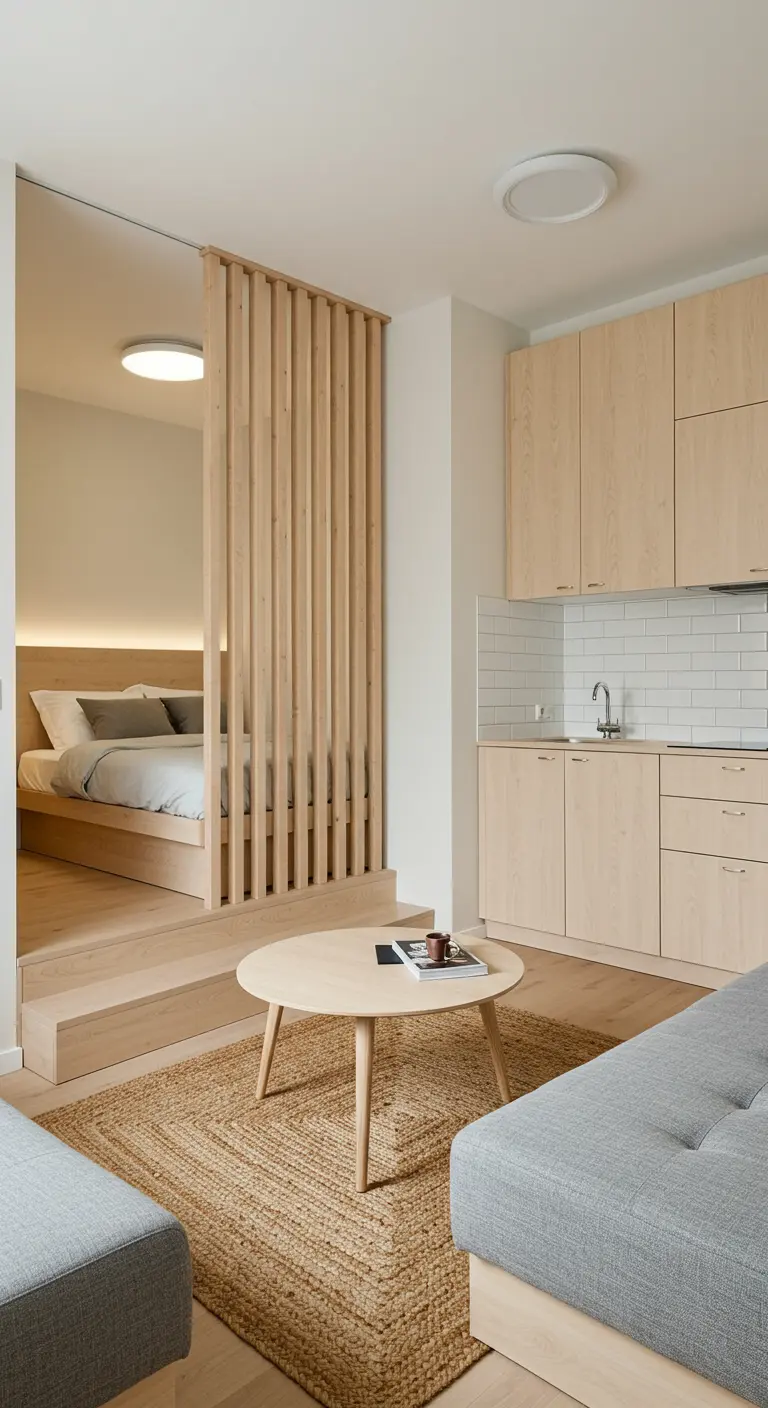 A studio apartment with a wood slat divider separating the raised bed from the living area.