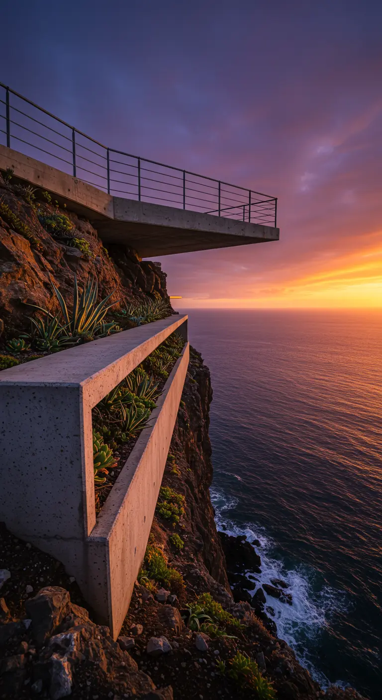 A cantilevered concrete planter bench on a dramatic cliffside overlooking the ocean at sunset.