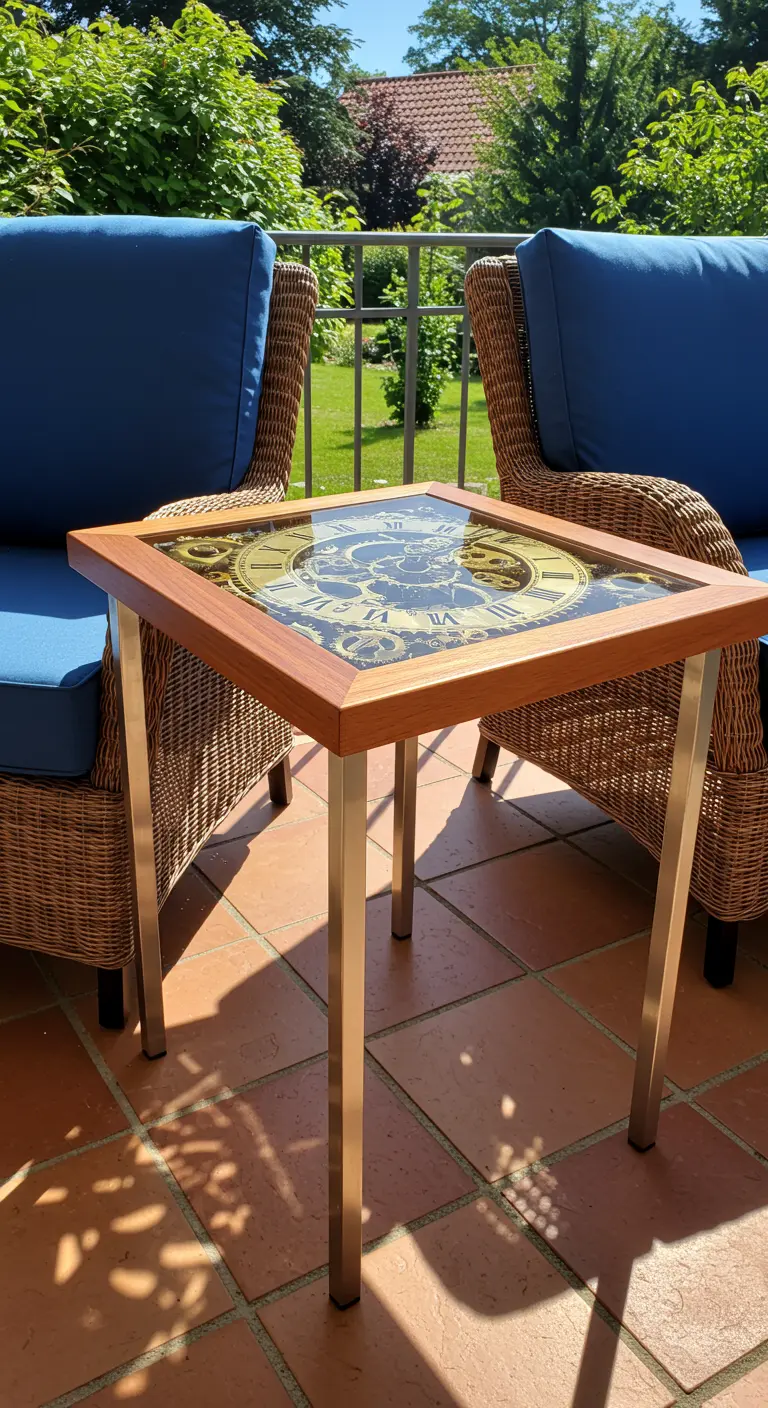 Square side table with a glass top revealing a golden clockwork gear design underneath.