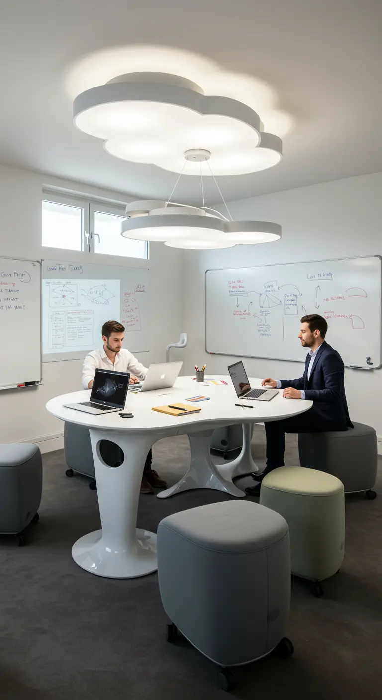 Collaborative office space with a large, white cloud-shaped ceiling light fixture over a meeting table.
