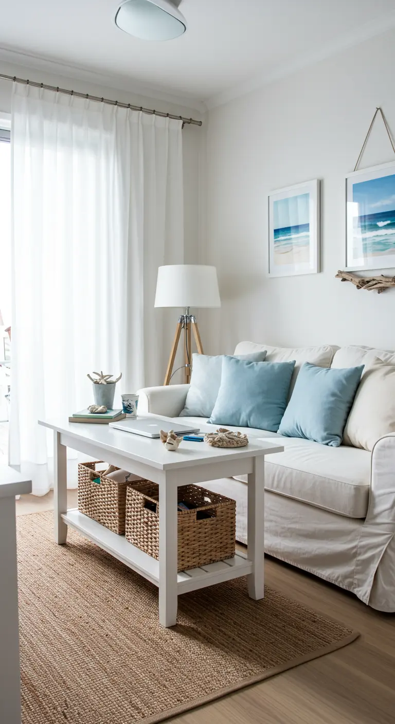 A coastal living room where a laptop rests on a white coffee table with storage baskets underneath.