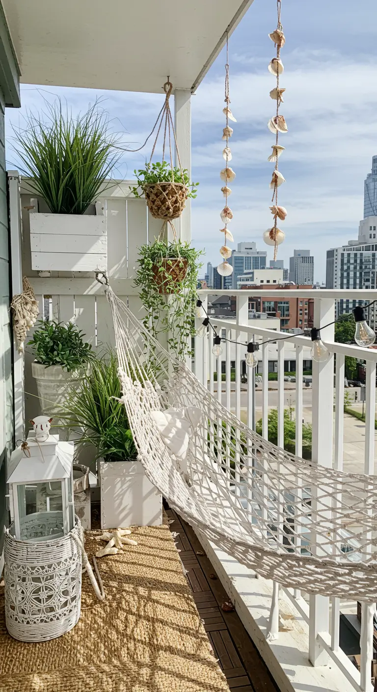 A coastal-themed balcony with white furniture, a macrame hammock, and hanging seashell decorations.