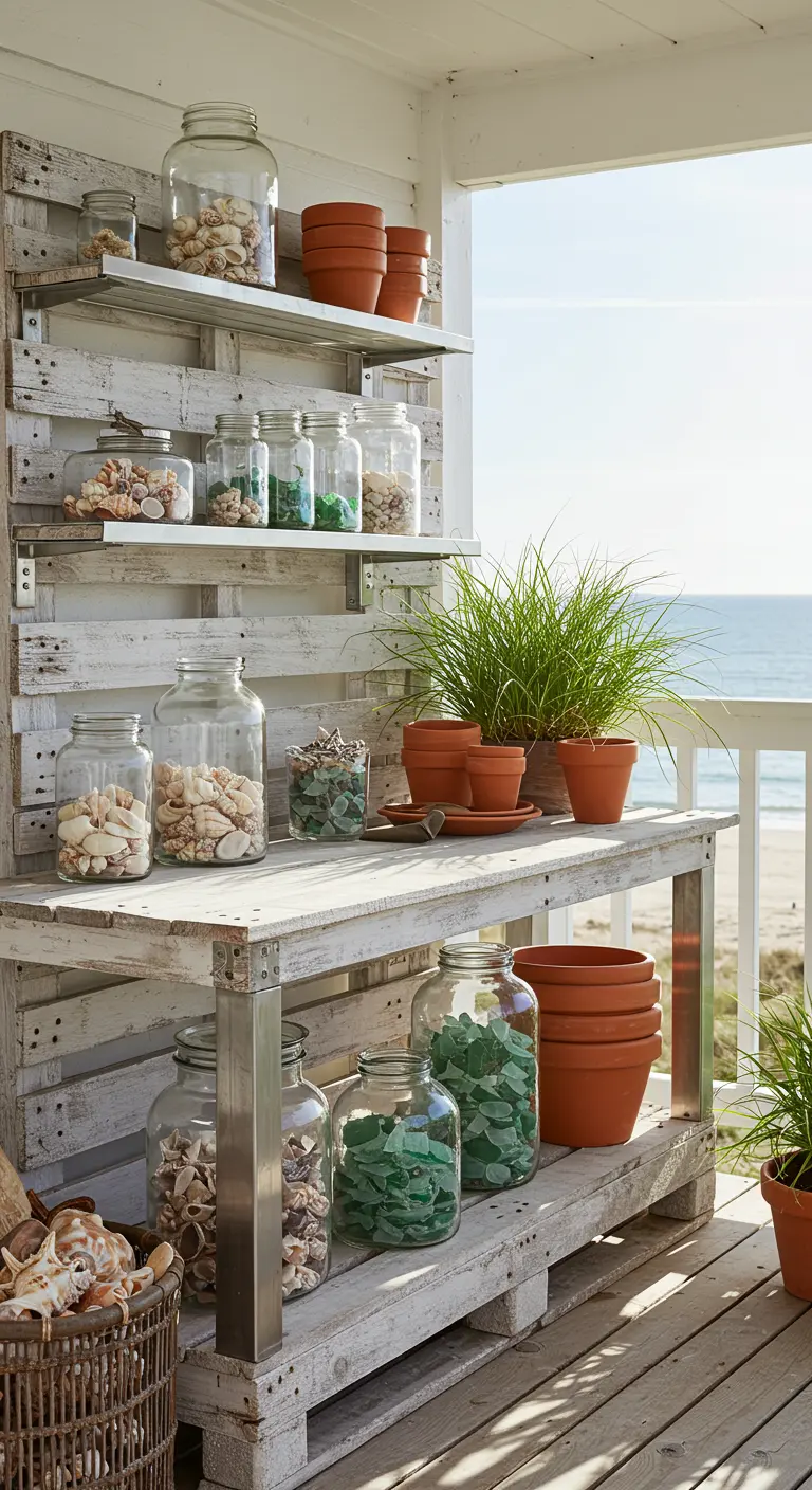 A whitewashed potting bench on a deck overlooking the sea, displaying large jars of shells and sea glass.