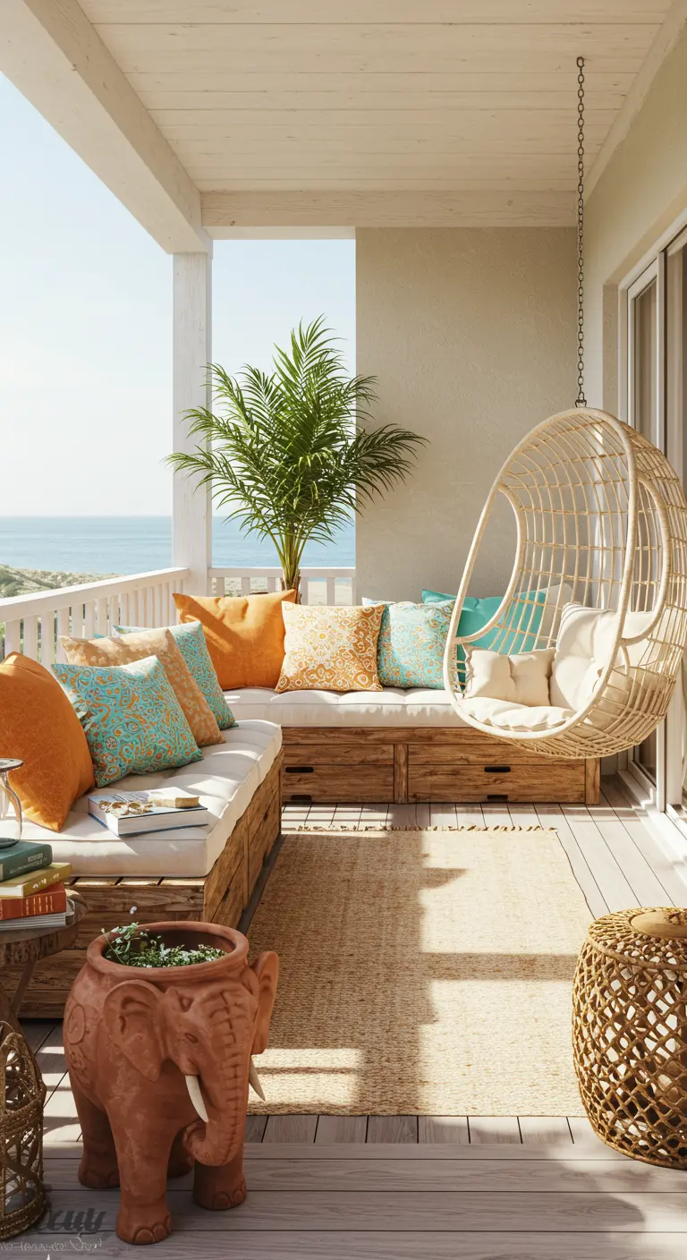 A beachy balcony with a wooden sectional, turquoise and orange pillows, and an elephant planter.