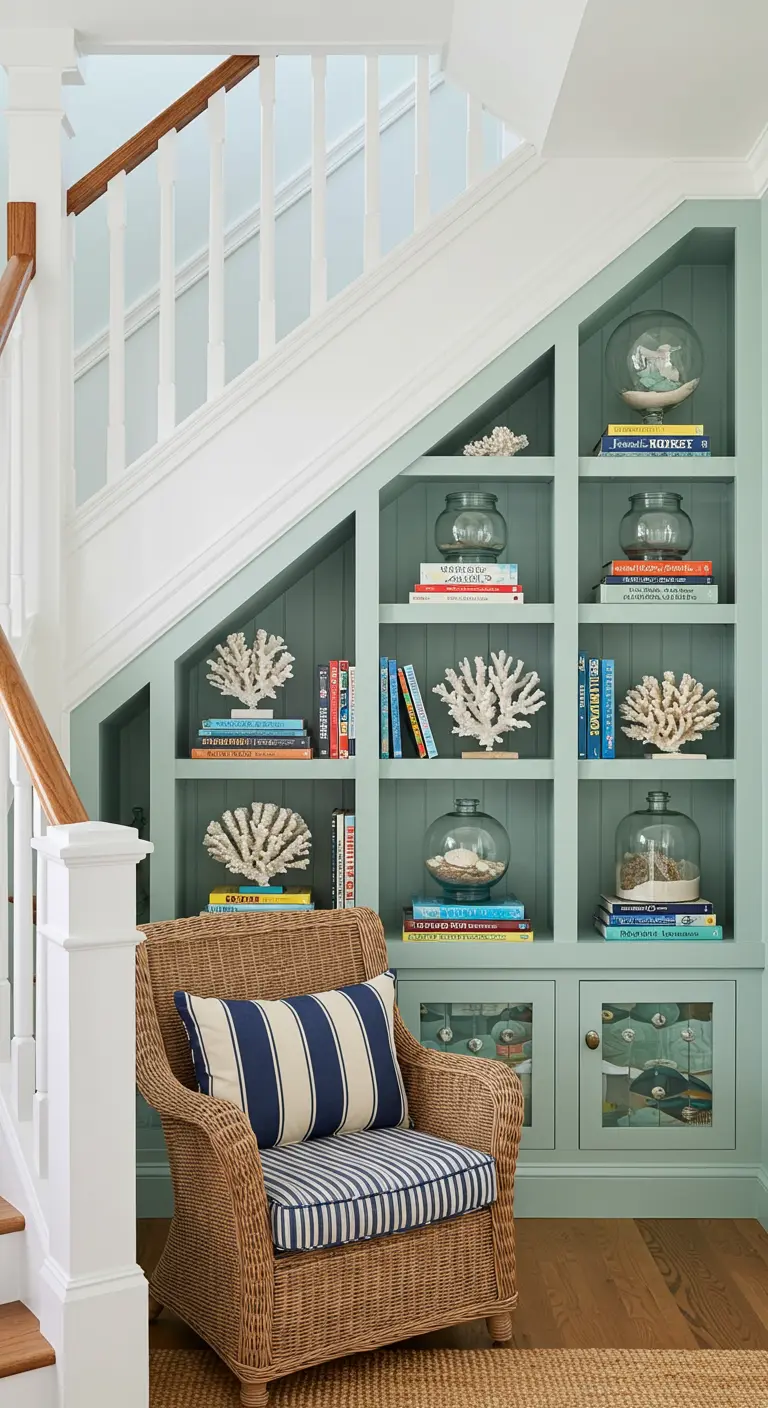 A coastal-style nook with light green built-ins, a wicker chair, and coral decor.