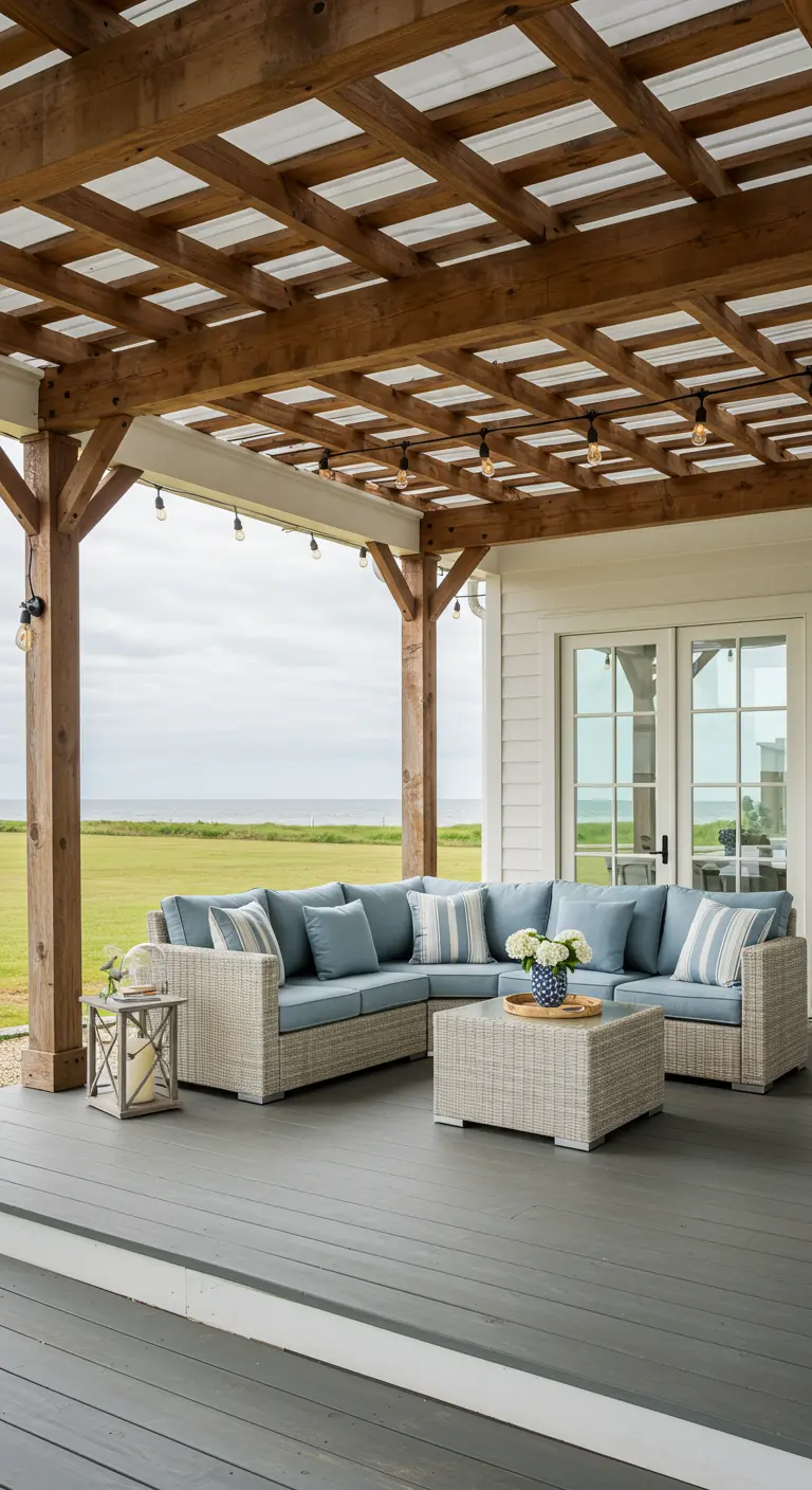 A large pergola with a metal roof over a light gray rattan sectional on a coastal porch.