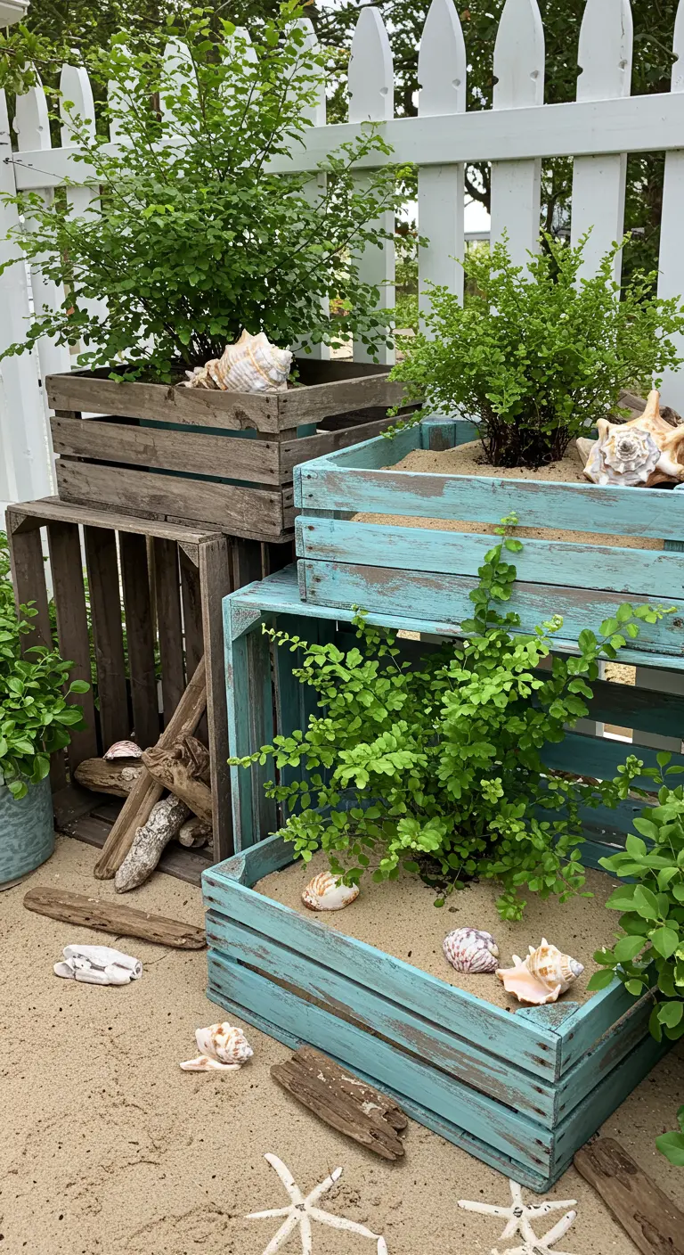 Blue-painted crates filled with ferns and sand, decorated with seashells and driftwood for a beachy look.