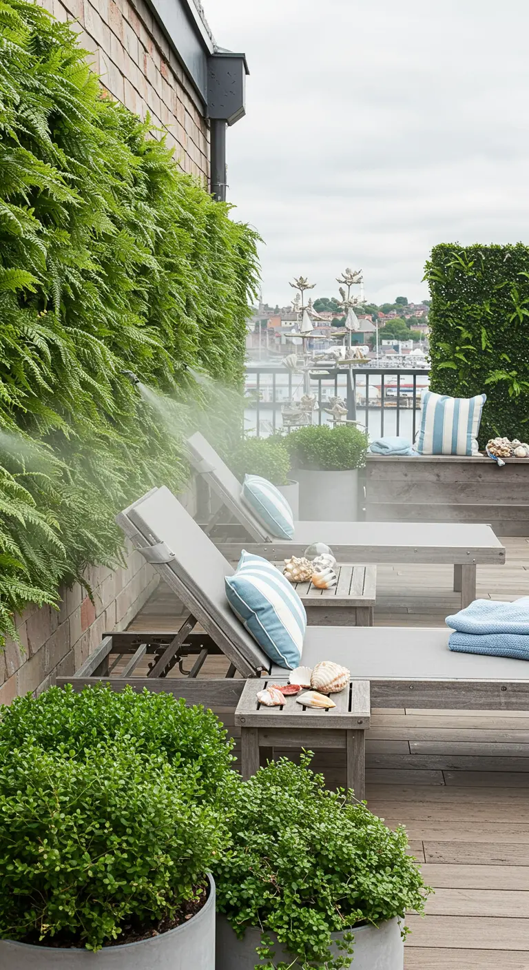 A coastal-style deck with grey loungers, striped pillows, and a fern wall.