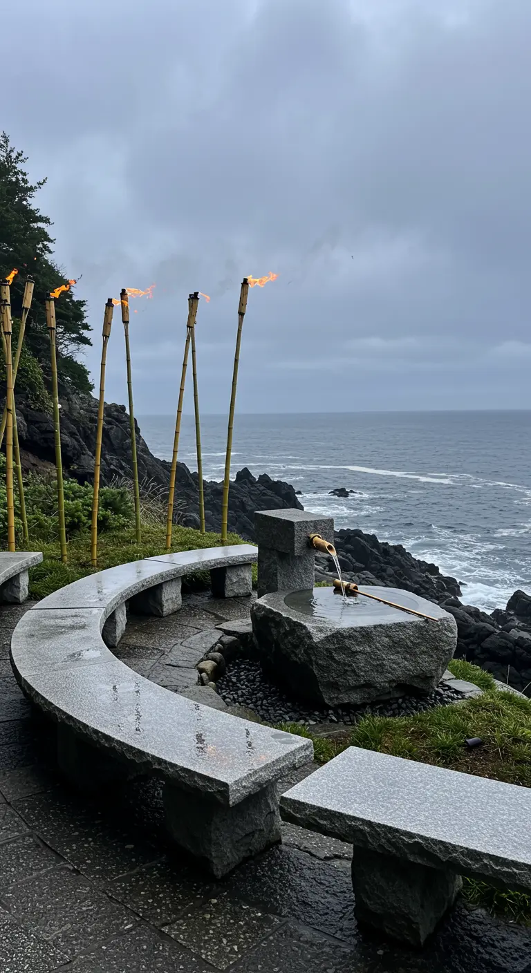 A curved granite bench on a stone patio overlooking a dramatic, cloudy ocean scene.