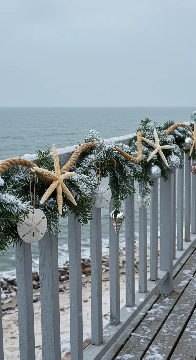 A seaside balcony railing with a garland decorated with rope, starfish, and sand dollars.