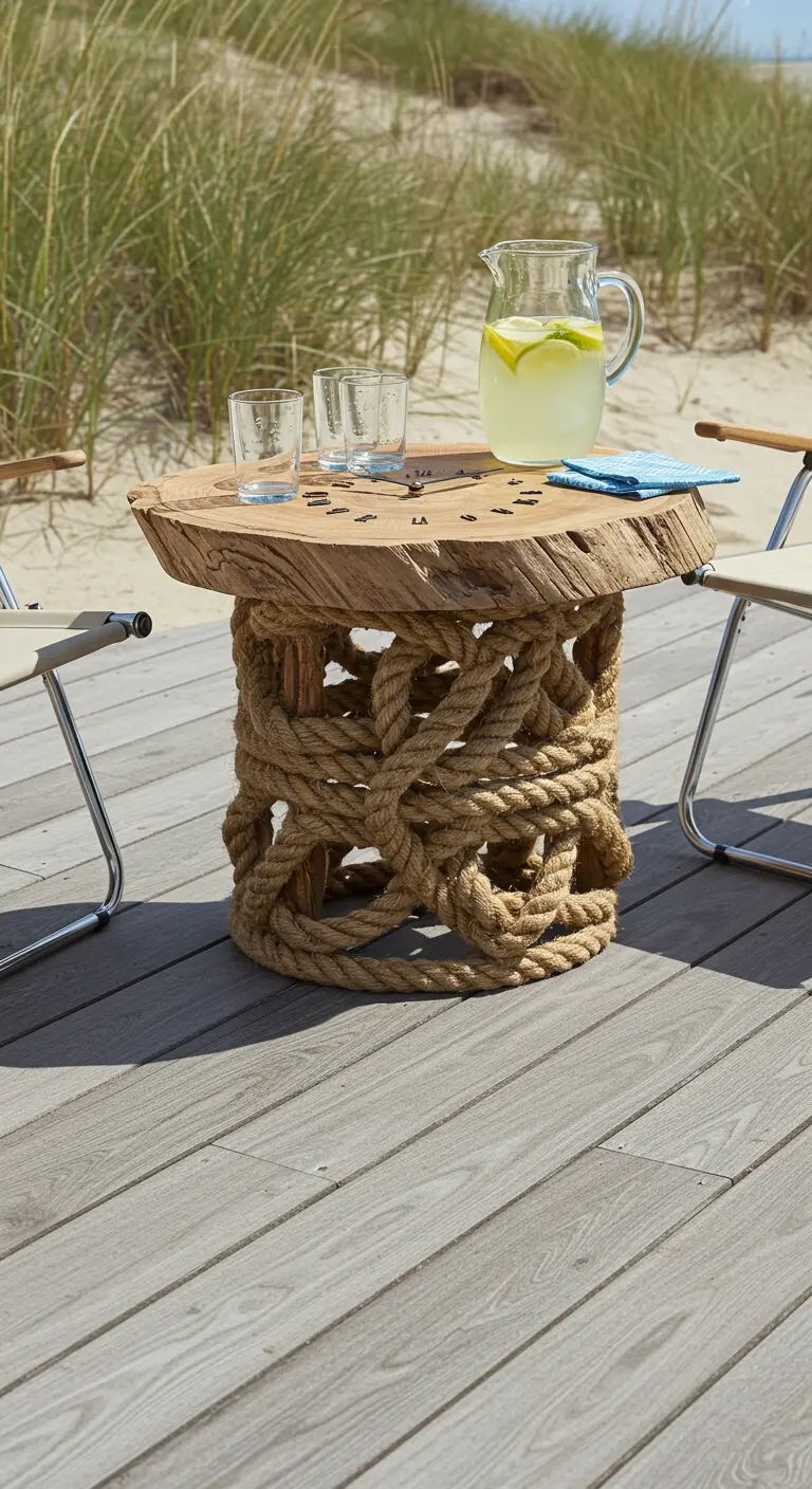 A wood slice clock table with a thick, woven rope base on a light gray beachside deck.