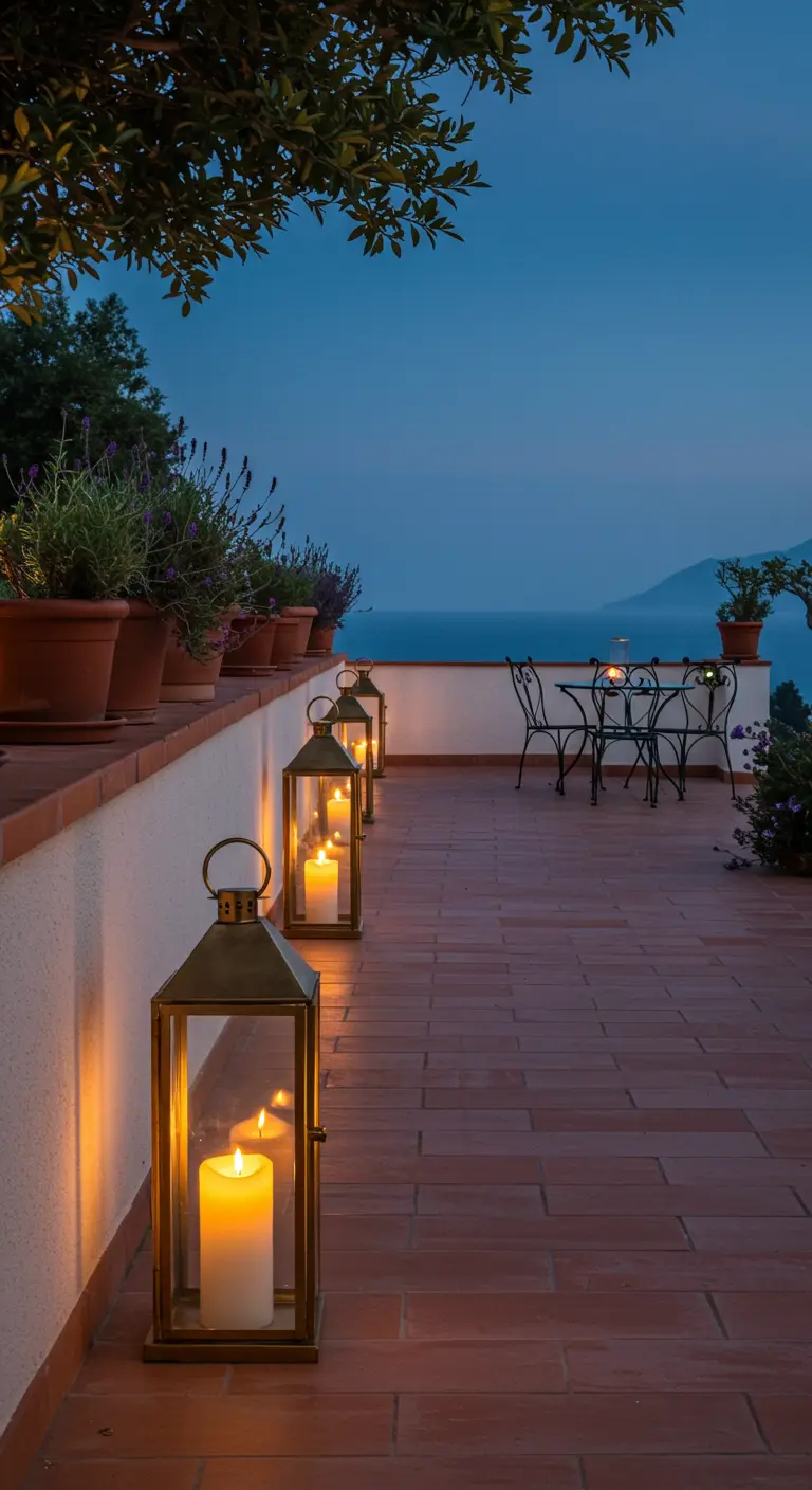 Brass lanterns line a terracotta terrace overlooking the sea at twilight.