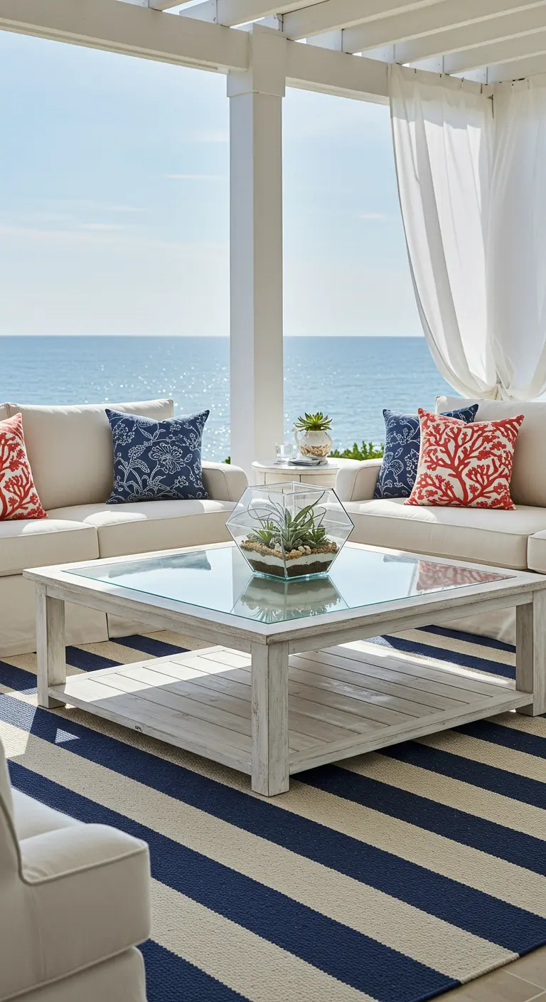 A coastal-themed patio with white furniture, a striped rug, and a geometric terrarium on the table.