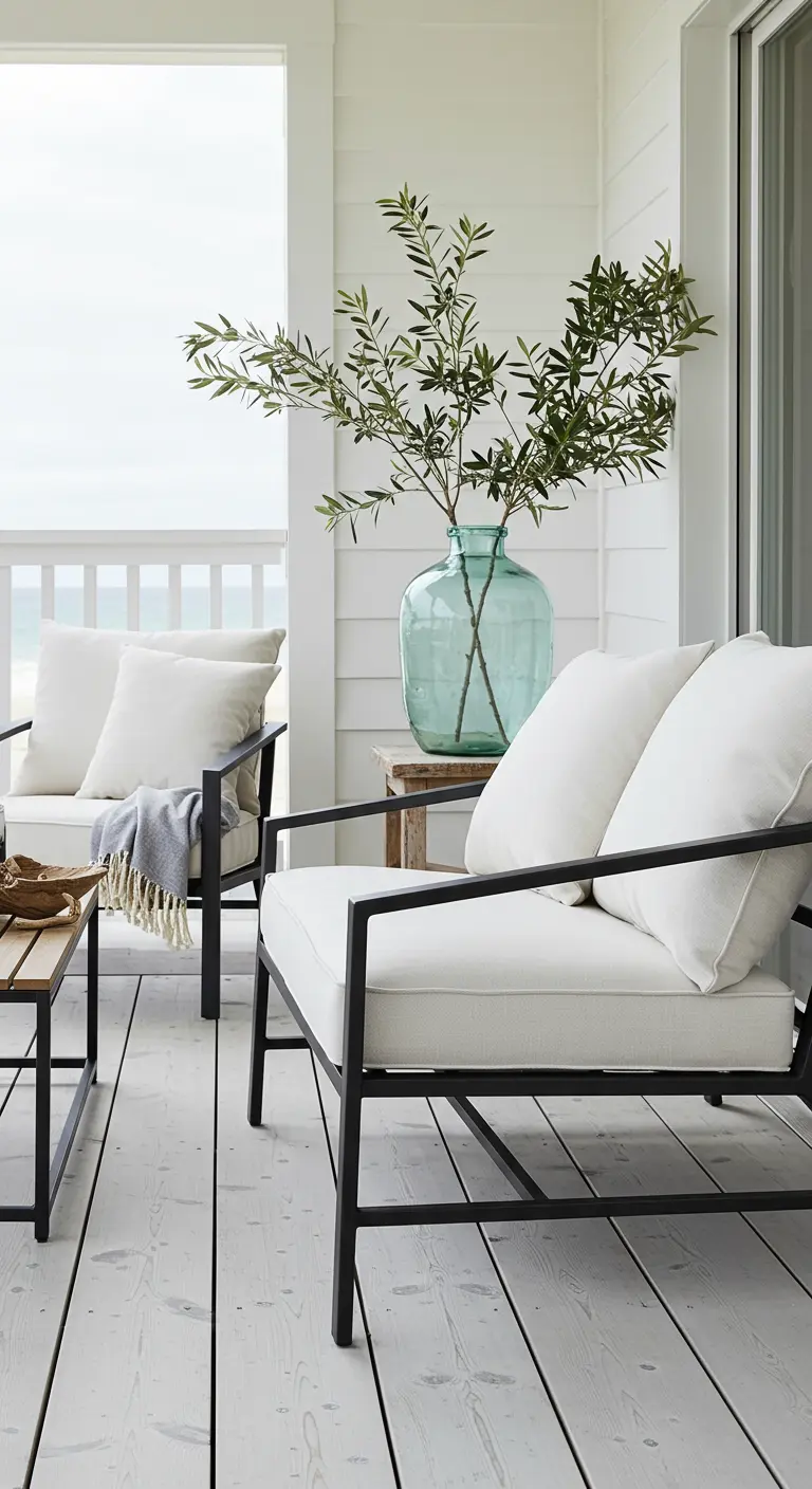 Black metal armchairs with white cushions on a whitewashed deck, with a sea-glass vase.