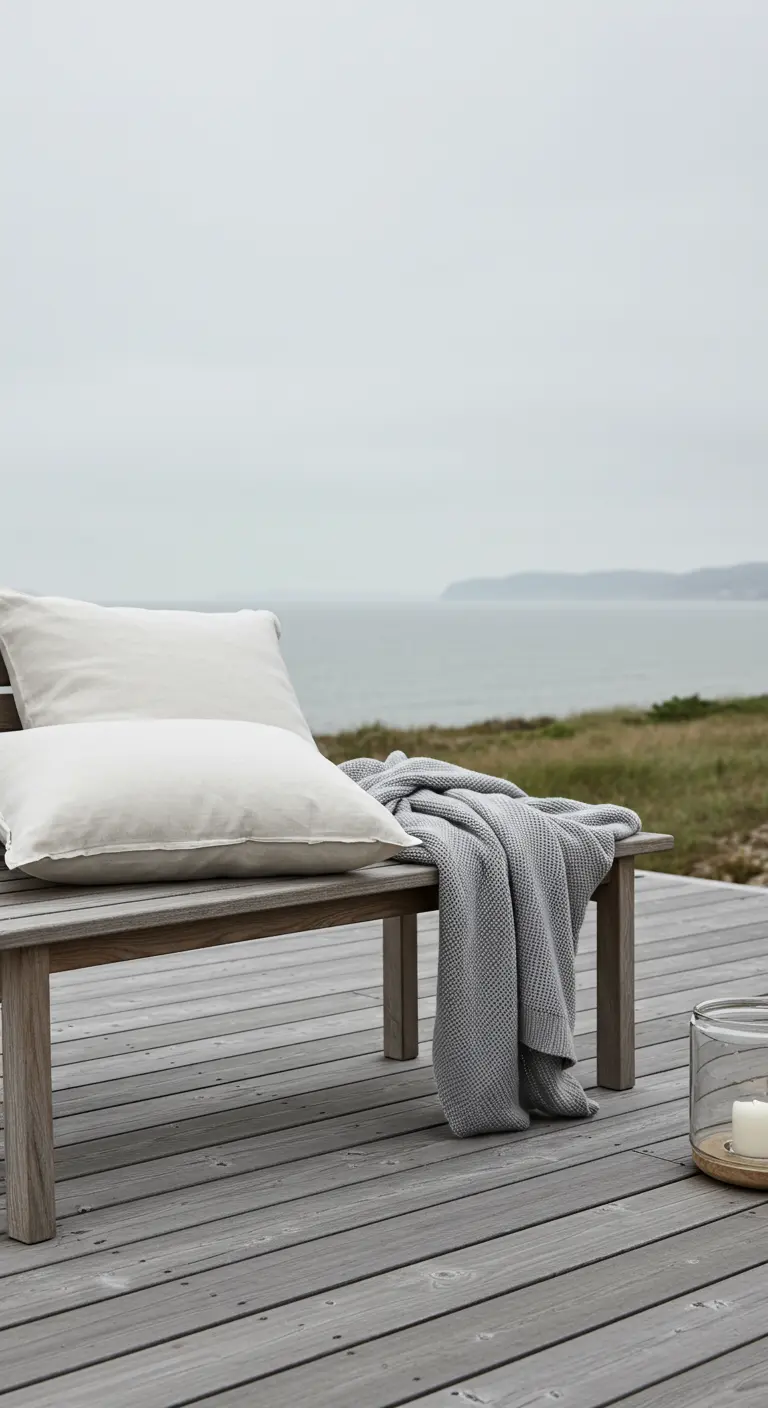 A close-up of a wood bench on a deck with white pillows and a grey knit blanket, ocean in back.