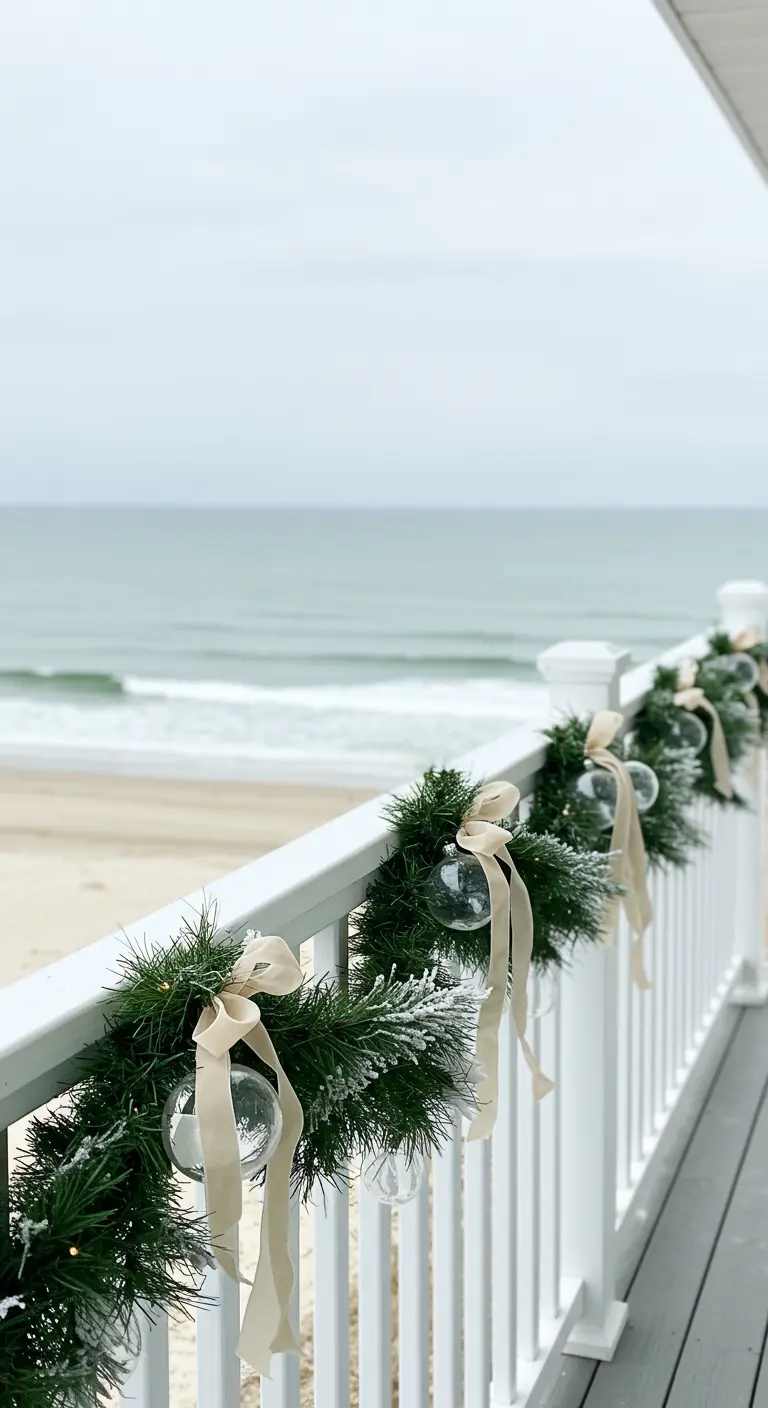 White beach house railing with a flocked garland, clear baubles, and cream-colored ribbons.