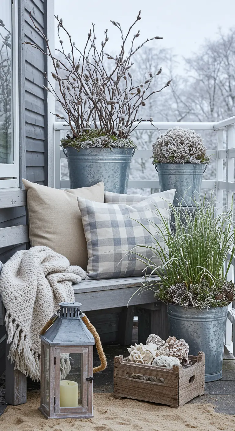 A coastal-themed winter balcony with a grey bench, plaid pillows, and grasses in metal buckets.