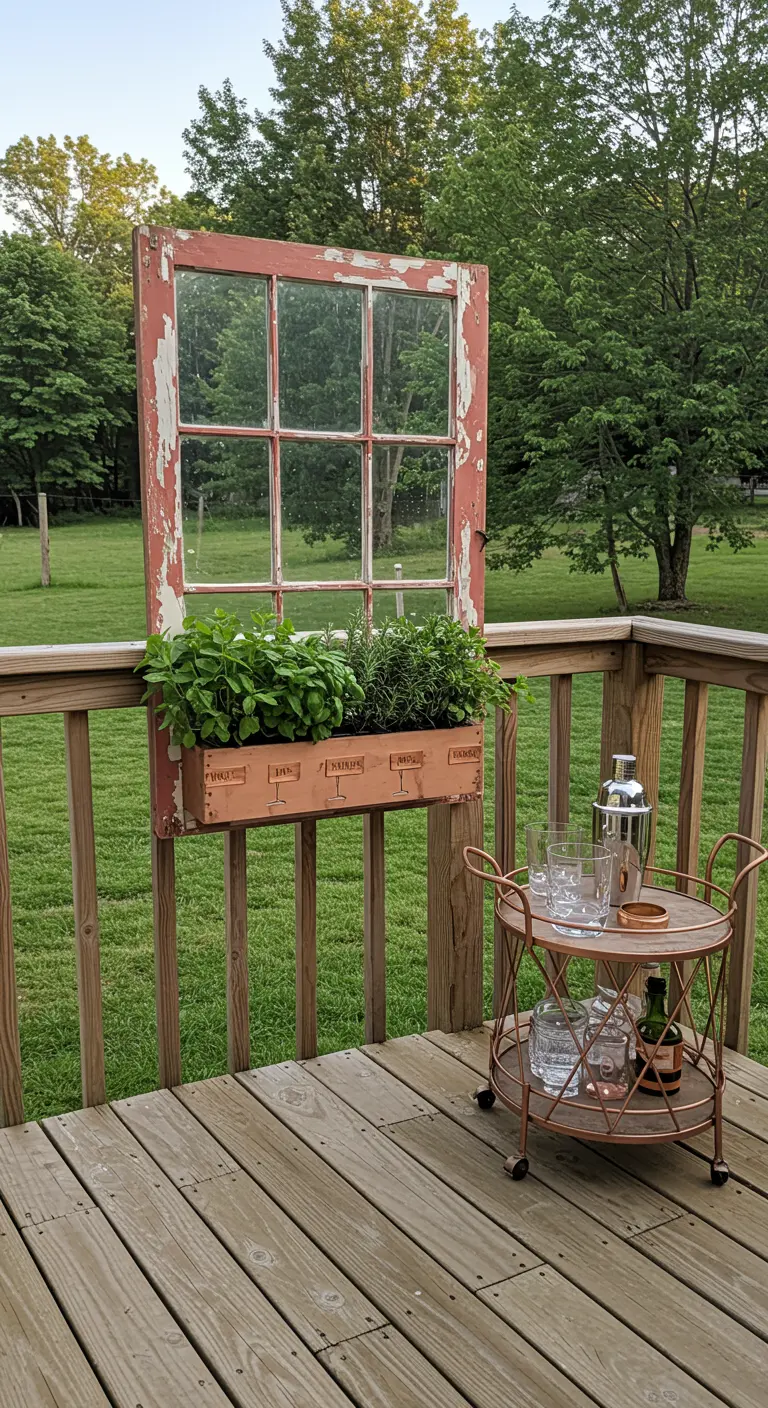 A window box planter with herbs mounted directly onto a wooden deck railing, next to a bar cart.