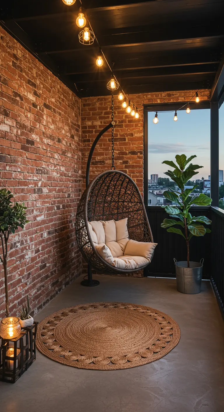 A cozy balcony corner with an egg swing chair, brick wall, and warm string lights.