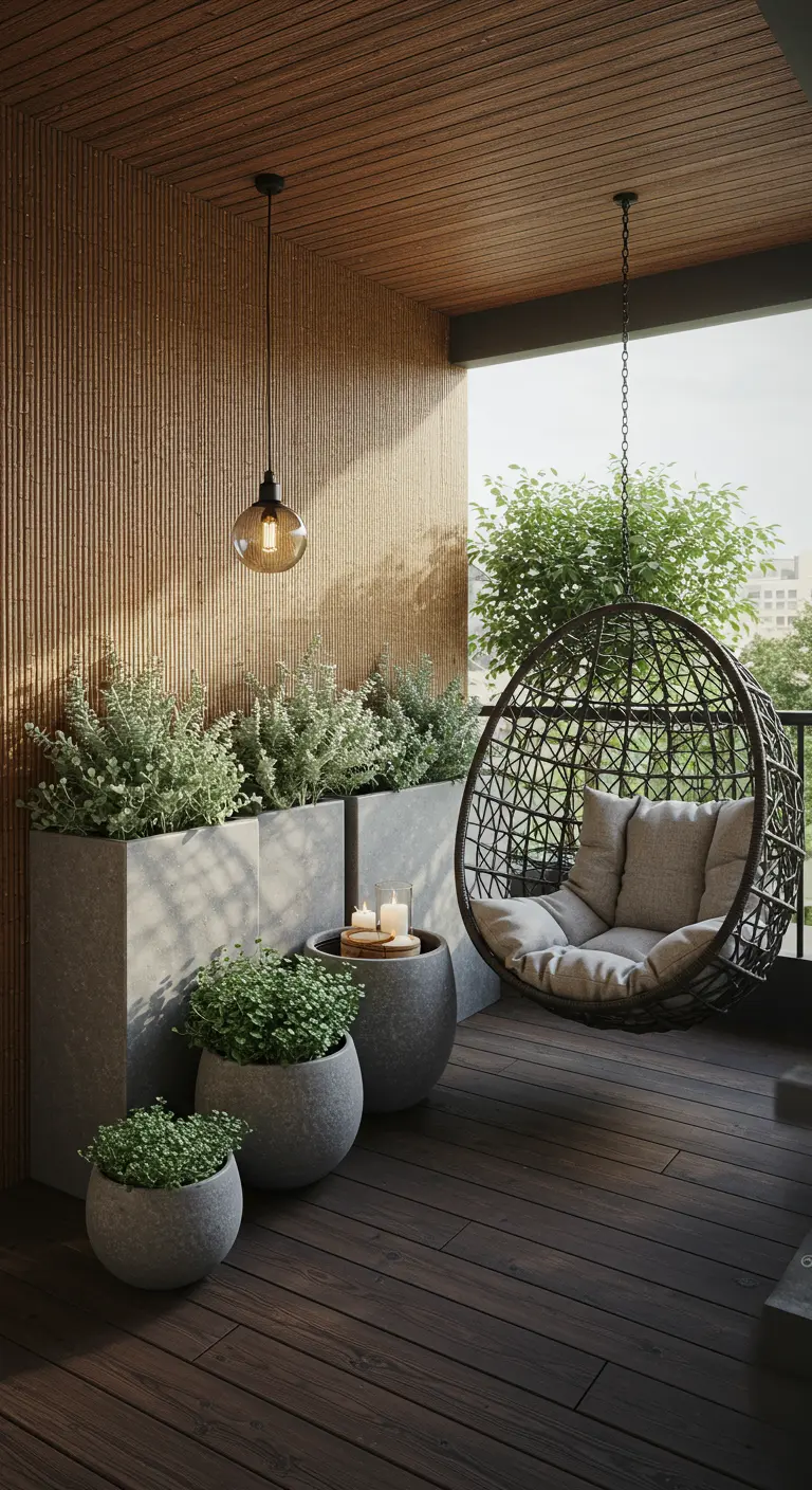 Modern balcony with concrete planters, a hanging egg chair, and a textured wood wall