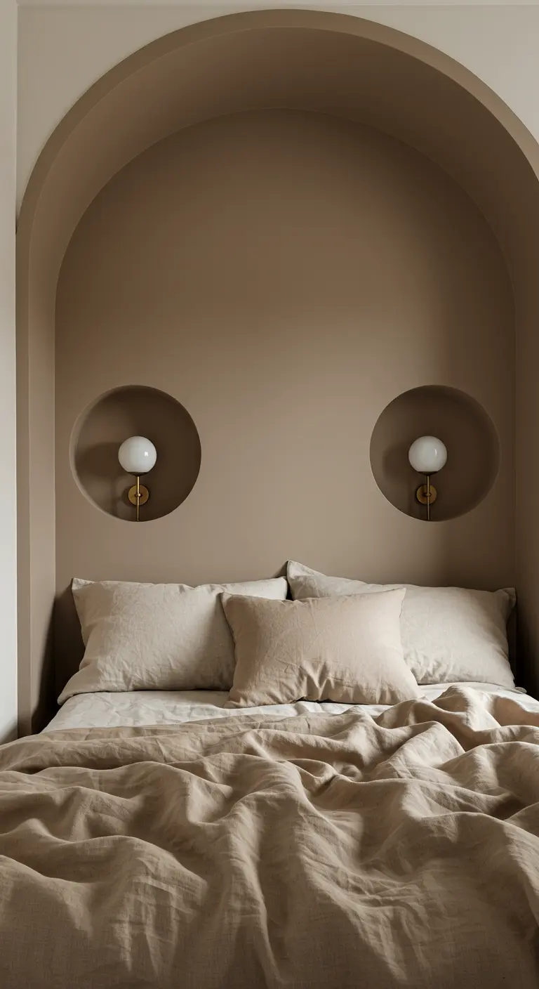 A bed set inside a deep arched alcove with round niches for lighting.