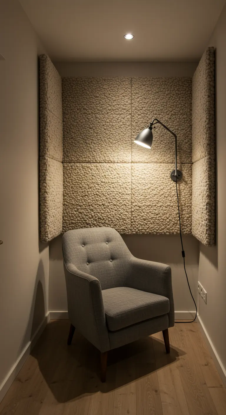 A cozy reading nook lined with off-white bouclé upholstered panels and a gray chair.