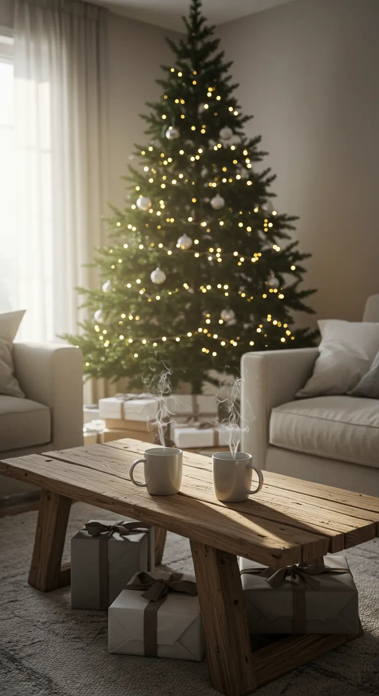 Steaming mugs on a rustic wooden coffee table in front of a lit Christmas tree.