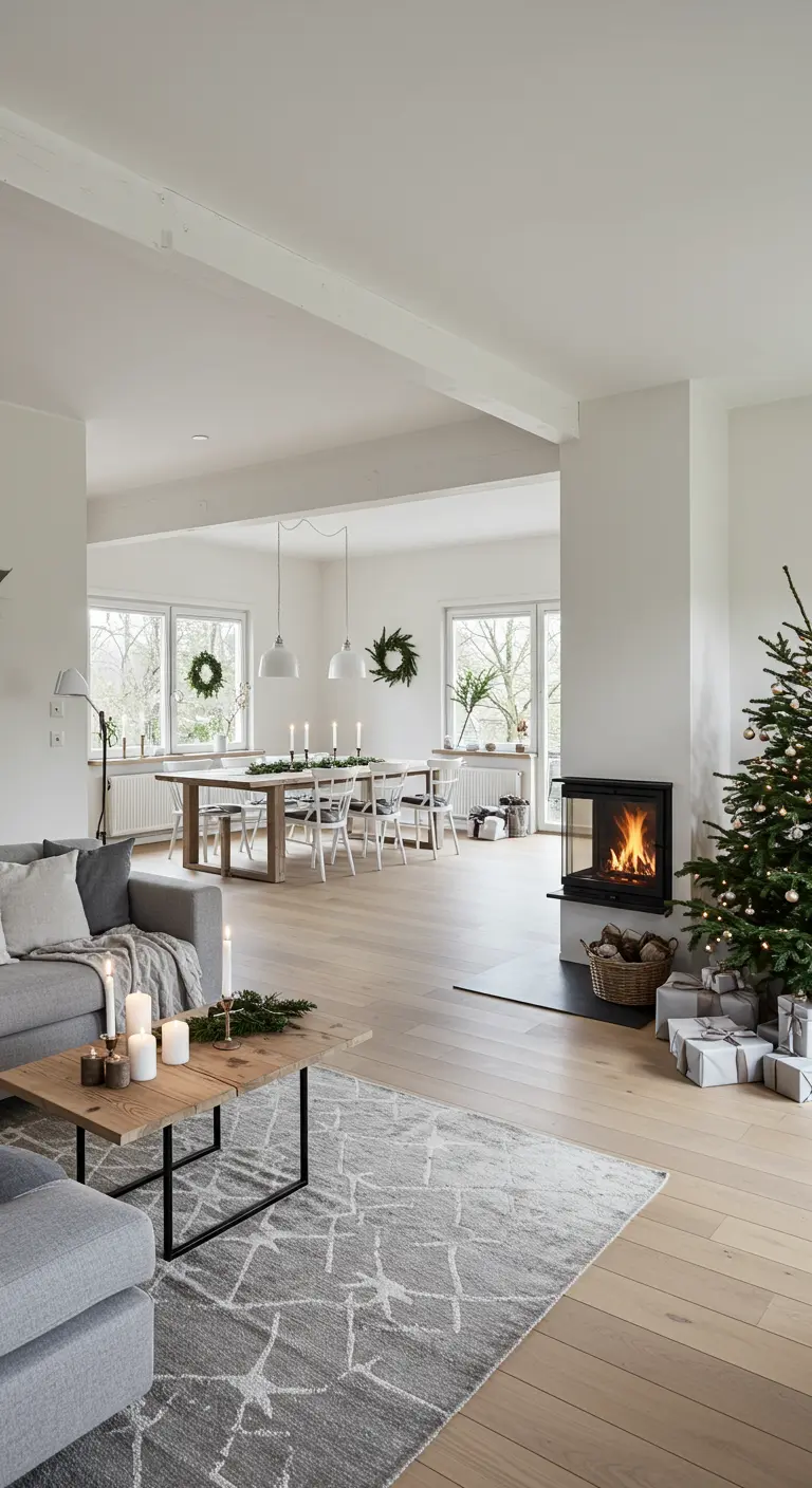 An open-concept Scandinavian living and dining area with coordinated, minimalist Christmas decor.