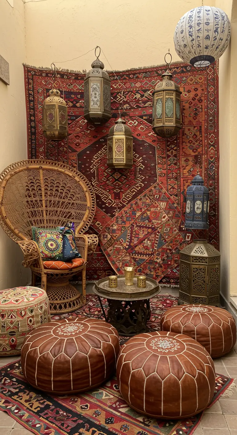 A heavily decorated corner with a peacock chair, layered kilim rugs, and many Moroccan lanterns.