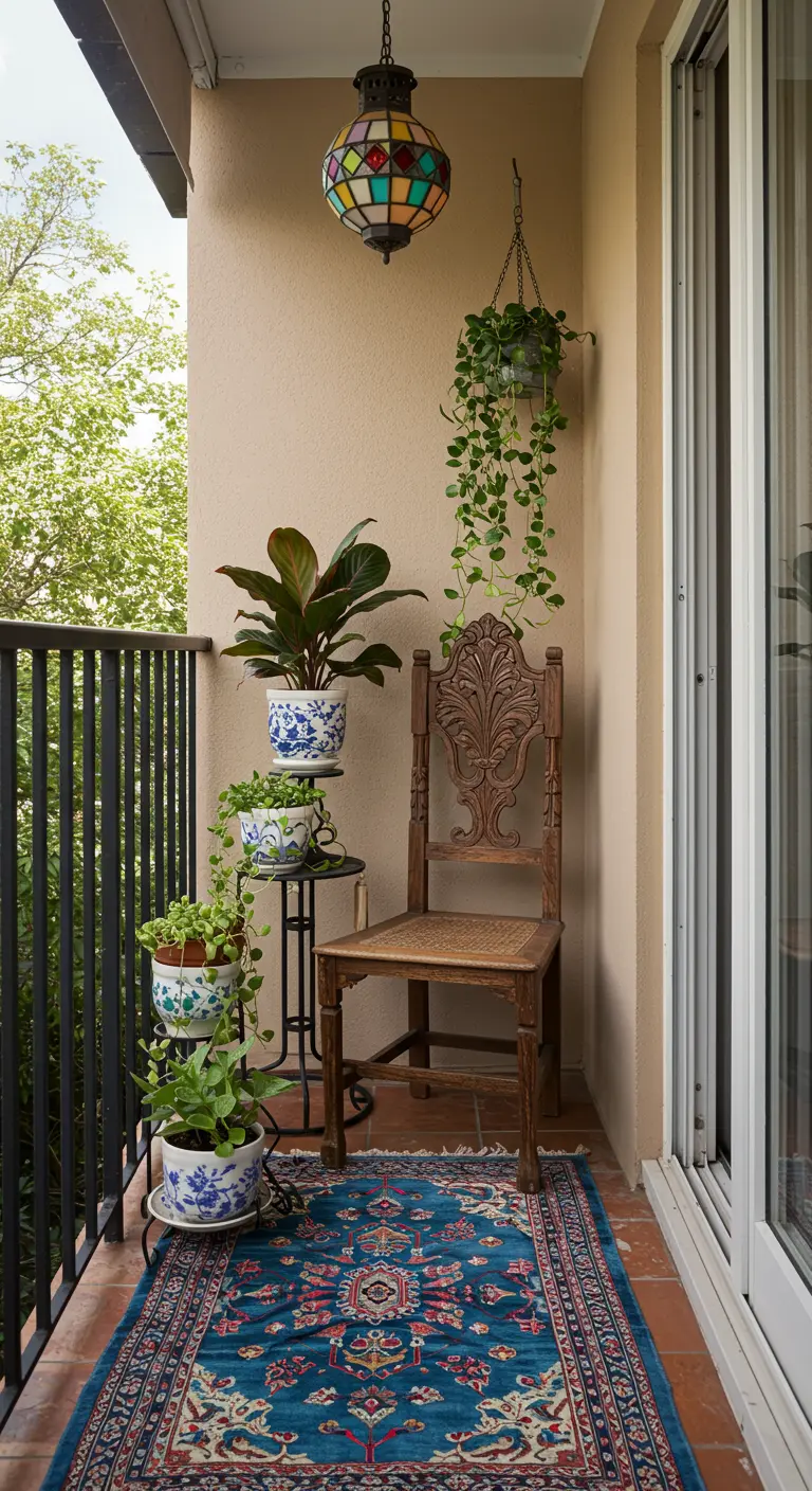 A narrow balcony corner with a Persian runner, a vintage chair, and a tiered plant stand.