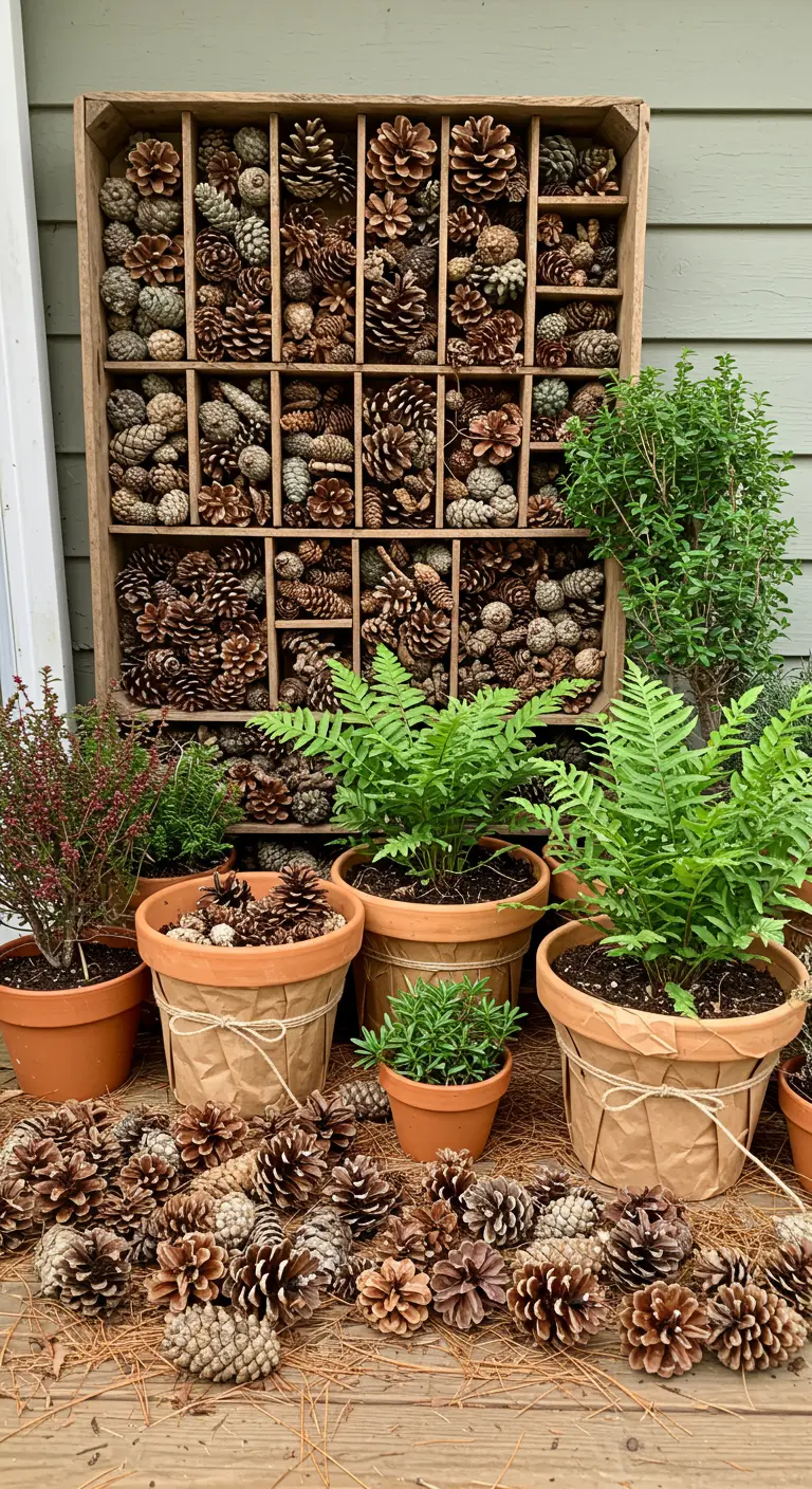 A vintage typesetter's drawer filled with various pine cones, surrounded by potted ferns and heather.